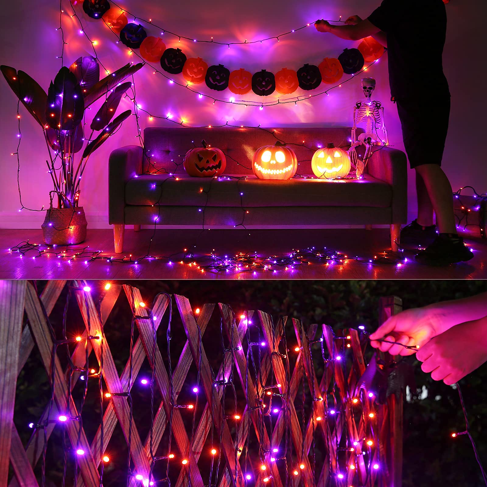 Joomer 200 LED Battery Operated String Lights, 66ft Waterproof, 8 Modes & Timer, Orange Purple for Halloween Decorations