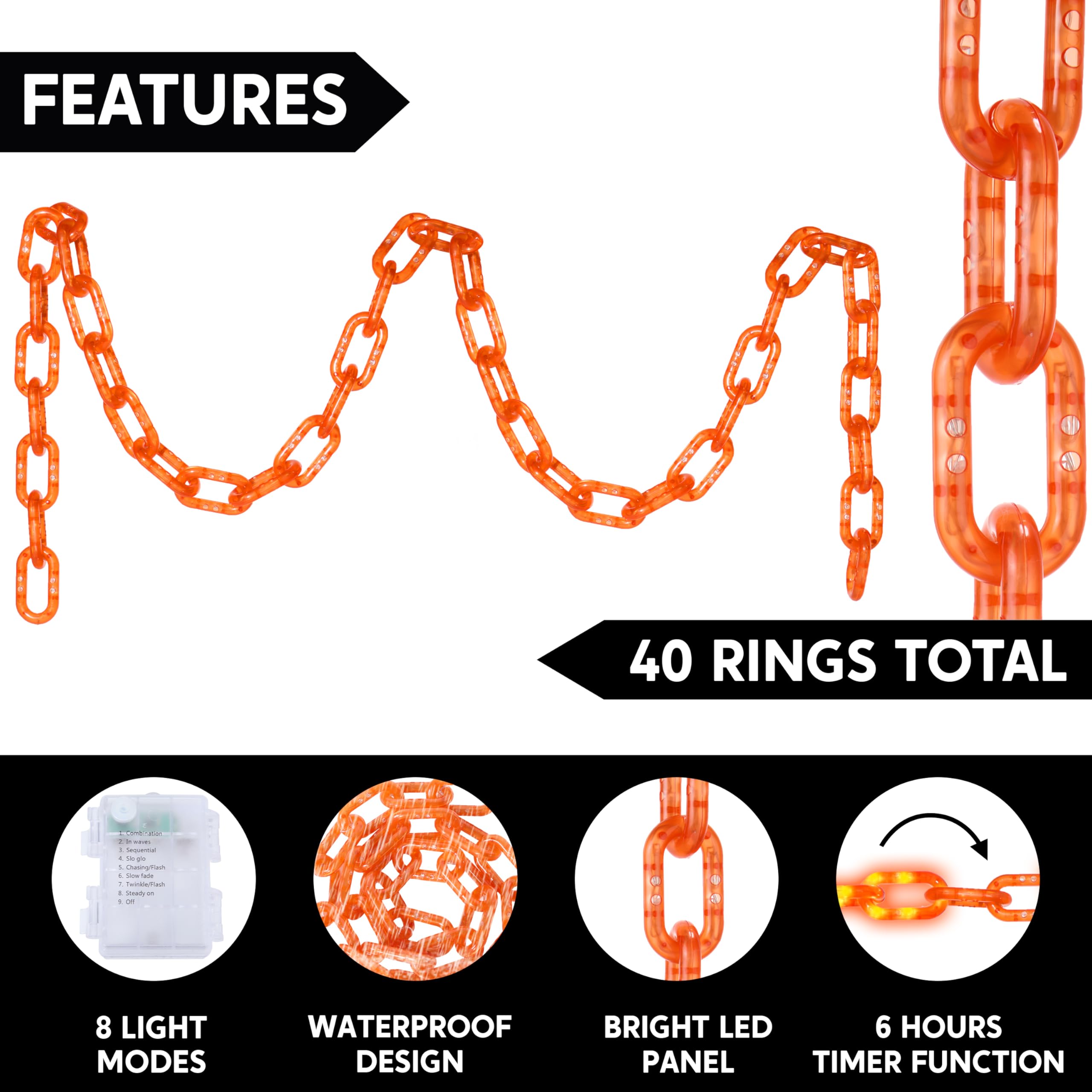 Joyin 8Ft Halloween String Lights Battery Powered Led Plastic Chain String Lights Waterproof  8 Lighting Modes  Timer Function  Led Light For Halloween Party Yard Pathway Indoor Outdoor Decor(Orange)