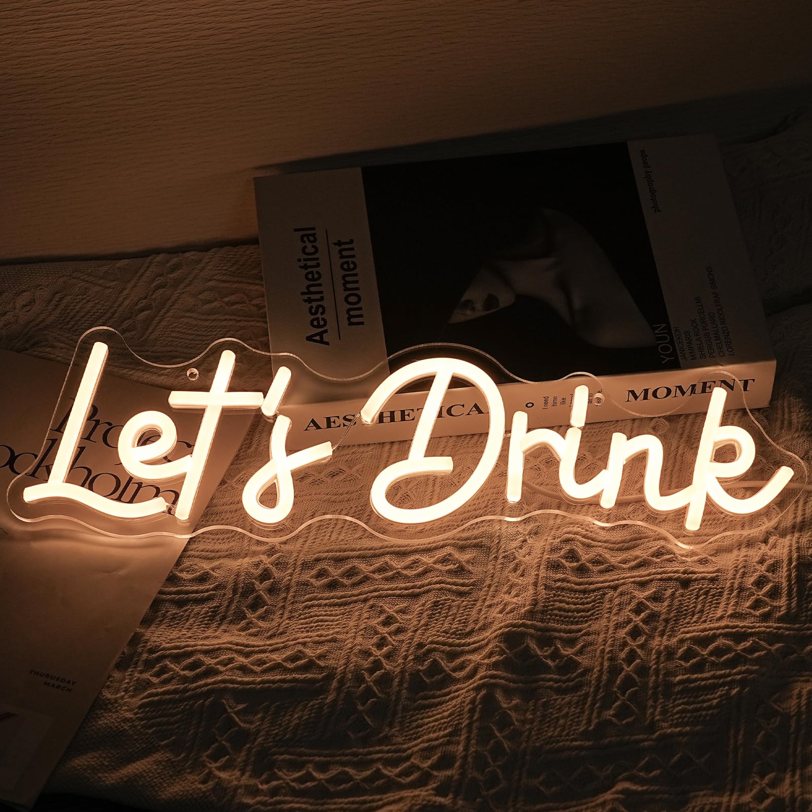 Noasktt Neon Sign - Lets Drink Wall Decor, Warm White LED, USB Powered, 16.5x4.7in, Acrylic