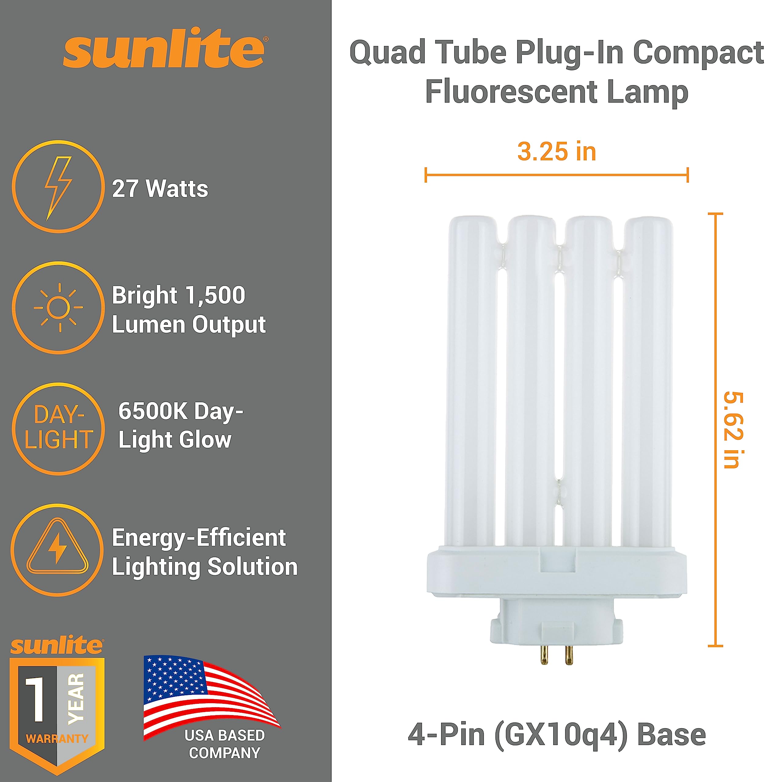 Sunlite FML27/65K/2PK Fluorescent 27W Daylight Quad Tube Light Bulbs, 4-Pin GX10Q-4 Base, 2 Pack,
