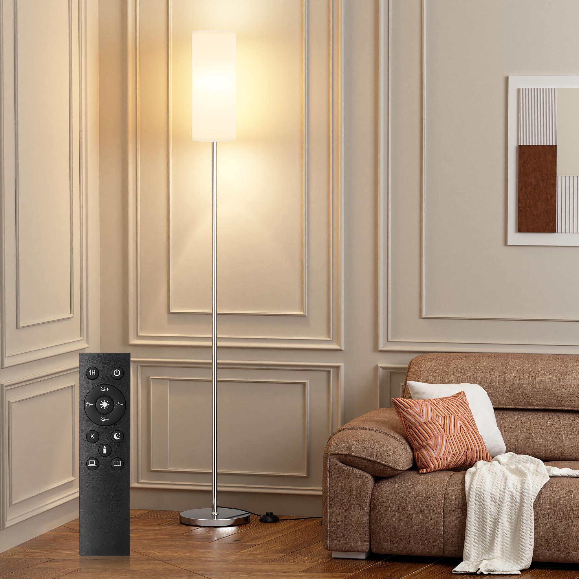 Ambimall 66'' Floor Lamps for Living Room with Remote Control and Stepless Dimmable Colors Temperature & Brightness, 9W Bulb Included(White Lampshade & Silver Pole)