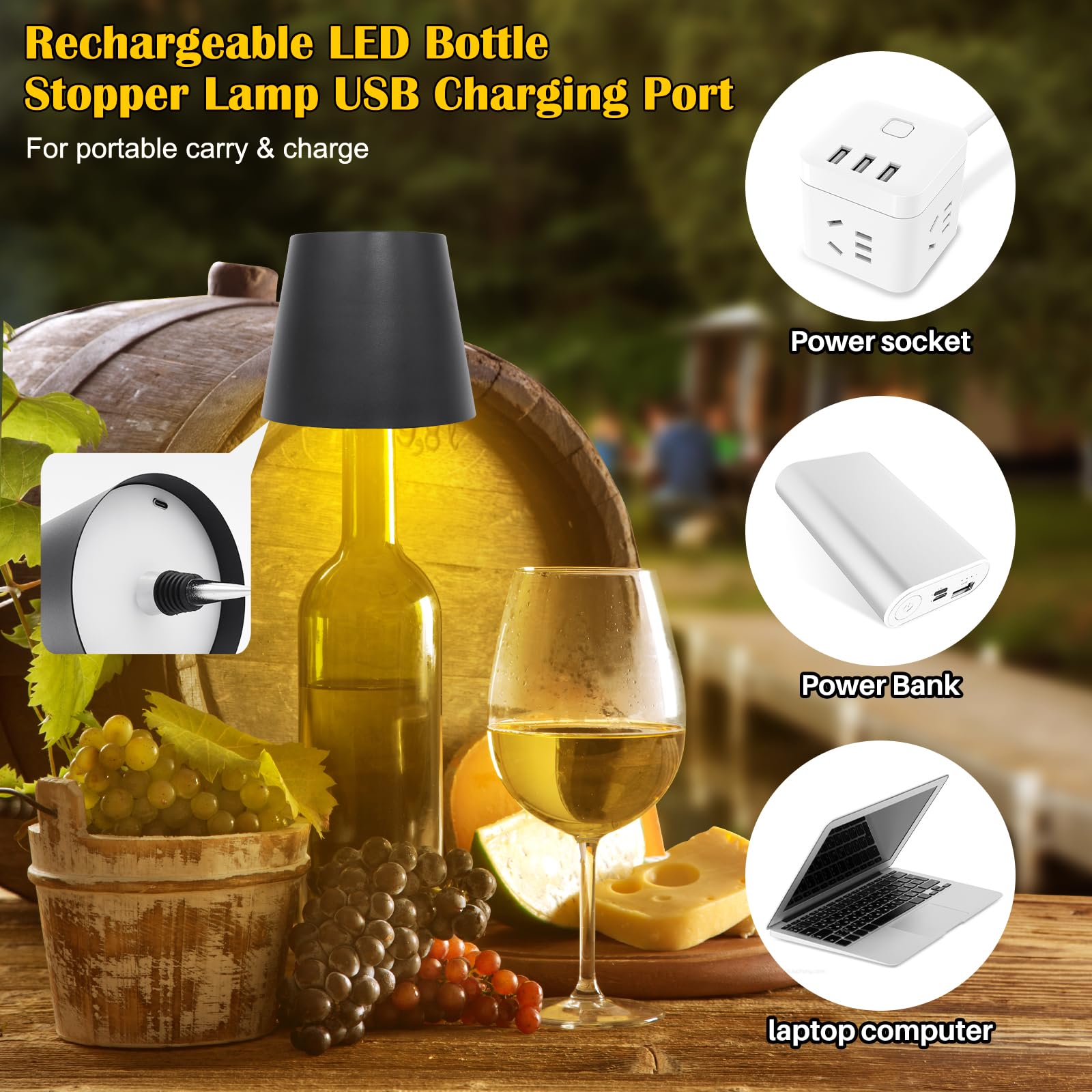 Wireless Bottle Lamp, Adjustable Brightness 3 Color Wine Bottle Light With 2500 Mah Battery, Touch Control Rechargeable Metal Waterproof Table Lamp For Dining Room/Bedroom/Bar, Black