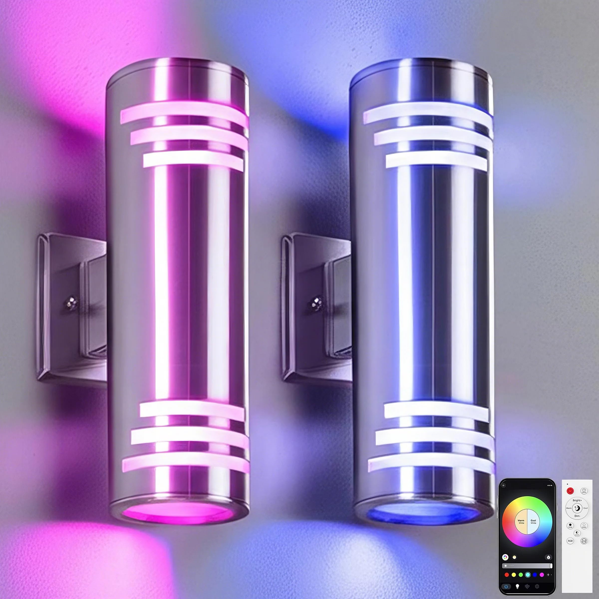SHIMR Smart Porch Lights RGBCW 2 Pack, Color Changing Outdoor Wall Lights Stainless Steel Outdoor Light Fixture with Remote for 