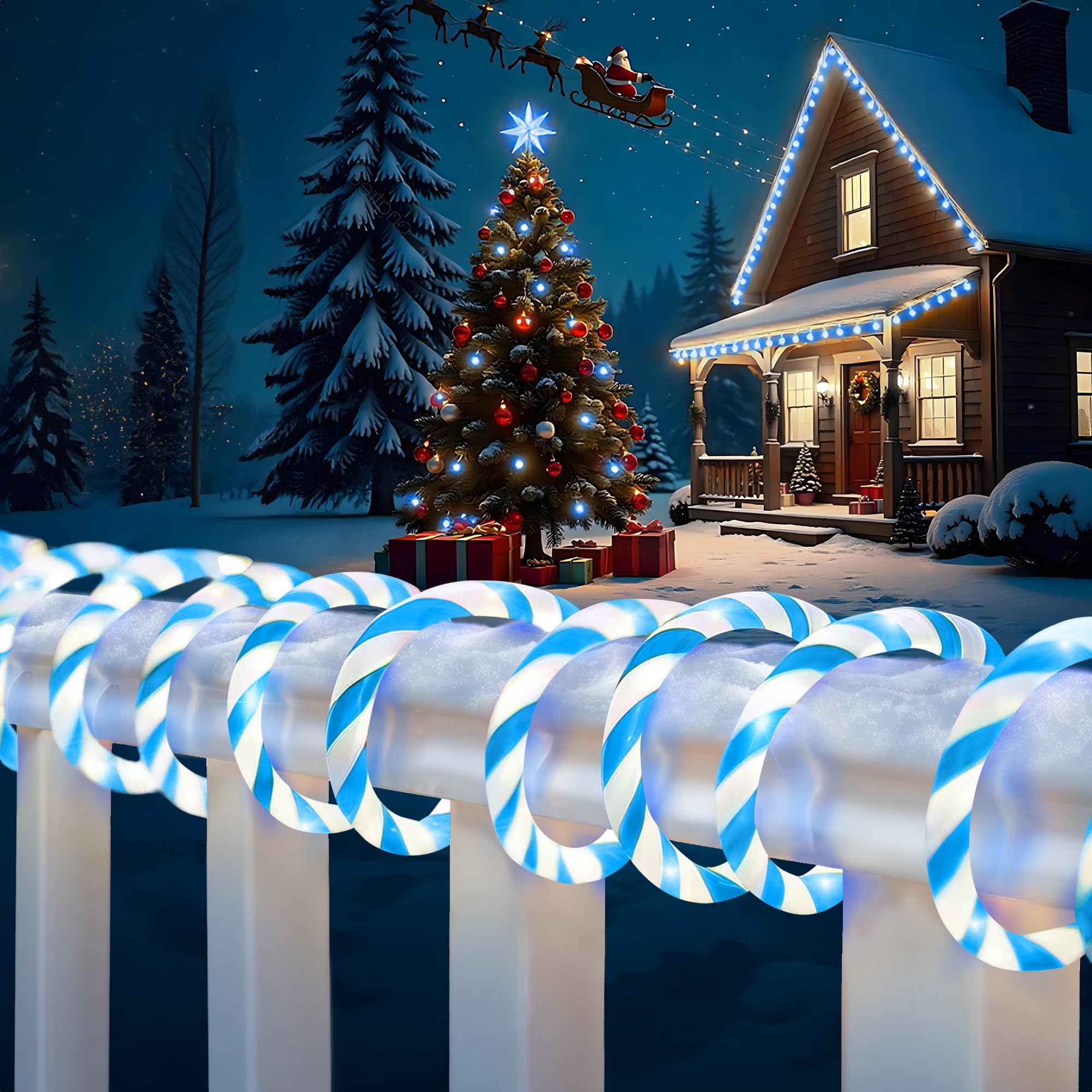 Jnaurb Christmas Candy Cane Lights  66ft 480 LED Connectable Flexible White & Blue Candy Cane Rope Lights for Outside  8 Modes Waterproof LED Christmas Light for Garden Patio Tree Holiday Party Decor