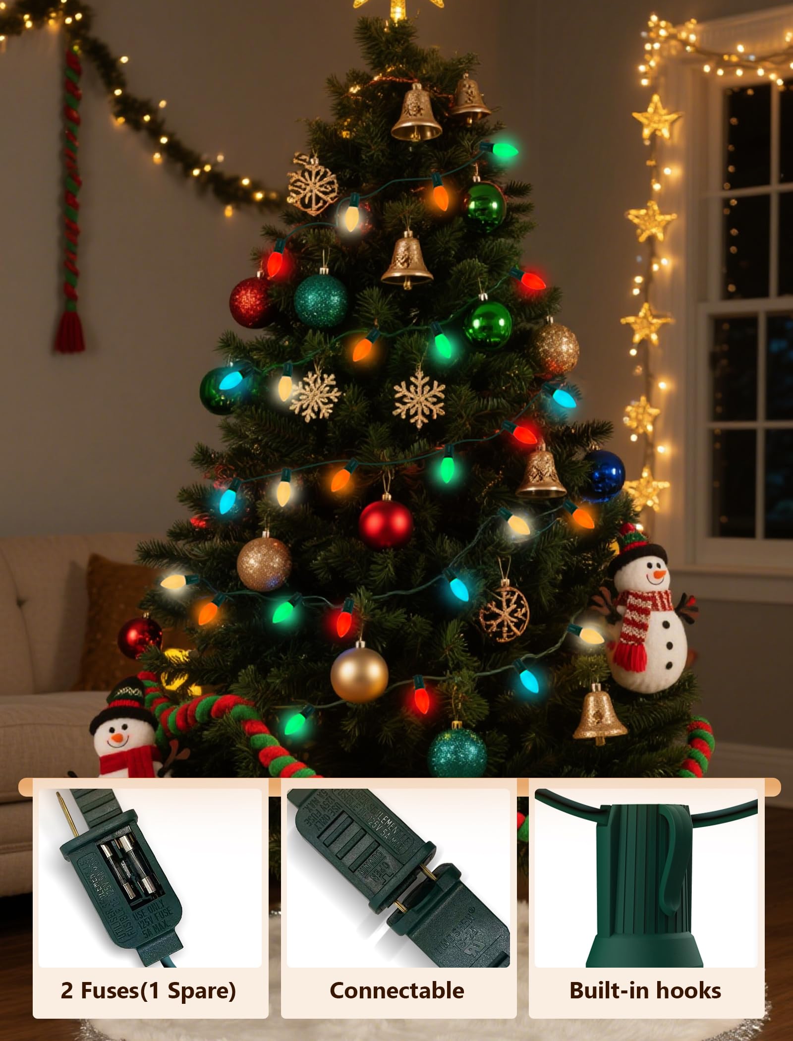 C9 Led Multicolor Christmas Lights Outdoor  25Ft C9 Vintage Christmas Lights Waterproof With 26 Led Colorful Bulbs  Outdoor Christmas Decorations String Lights For Patio Garden Roofline Holiday Party