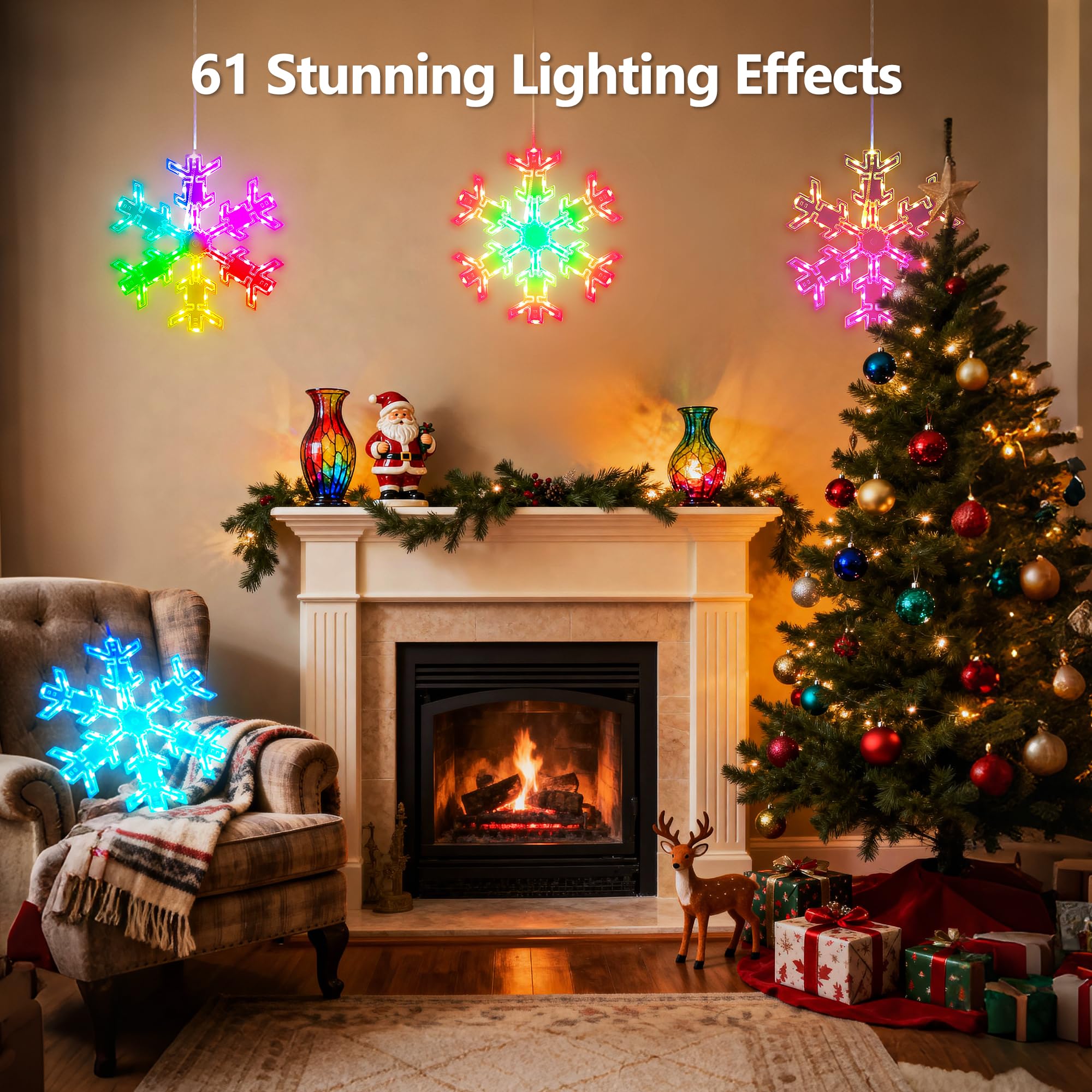 BrizLabs Christmas Window Lights - 2 Pack, 12in Snowflake, RGB Color Changing, 61 Modes, Remote Control for Indoor/Outdoor Decor