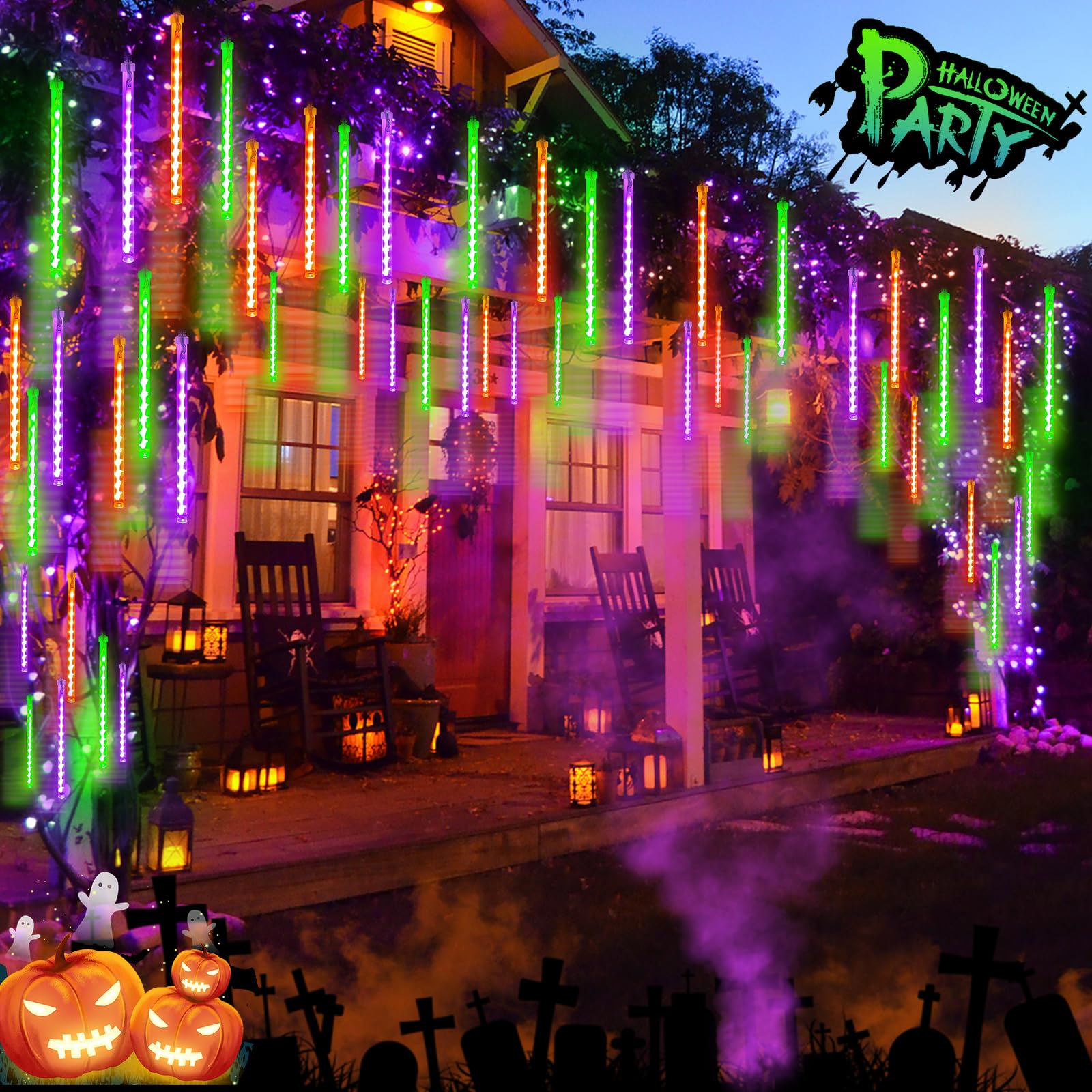 YIQU Meteor Shower Lights, 432 LED, 2 Pack, Orange Purple Green, Plug-in for Outdoor Halloween Decorations, Model MLS-D5V3.6WUT-O