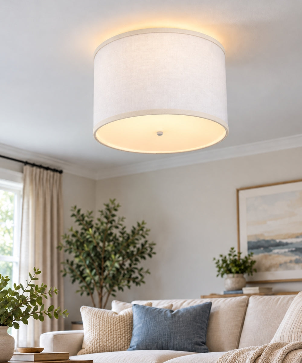 14"W Moderne Flush Mount Conversion Kit  White Fabric Drum Lampshade