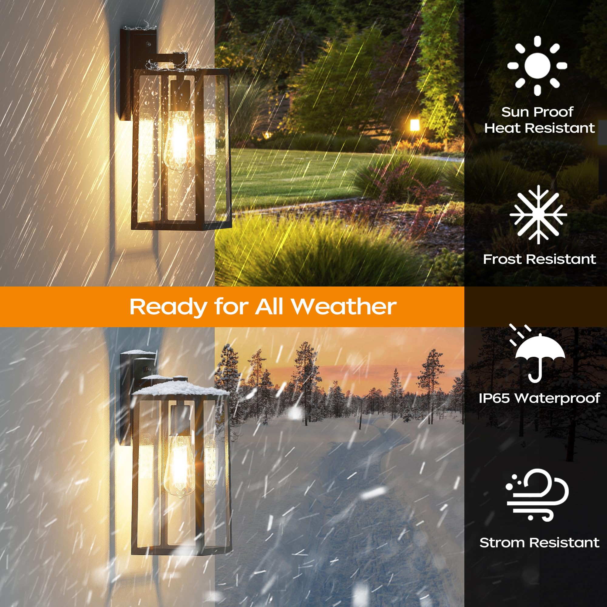 PARTPHONER Outdoor Wall Mount Light Fixtures, Waterproof, Anti-Rust, 2-Pack, Matte Black, Tempered Glass, Model PA-WL-1