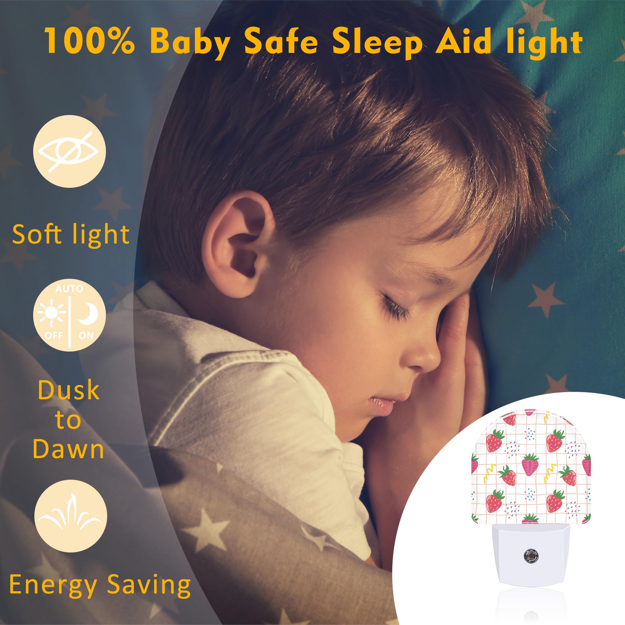 Sndheke Cute Red Strawberries Night Light Plug Into Wall, Abstract Funny Fruits Dusk To Dawn Night Light Plug In,0.5W Energy Sav