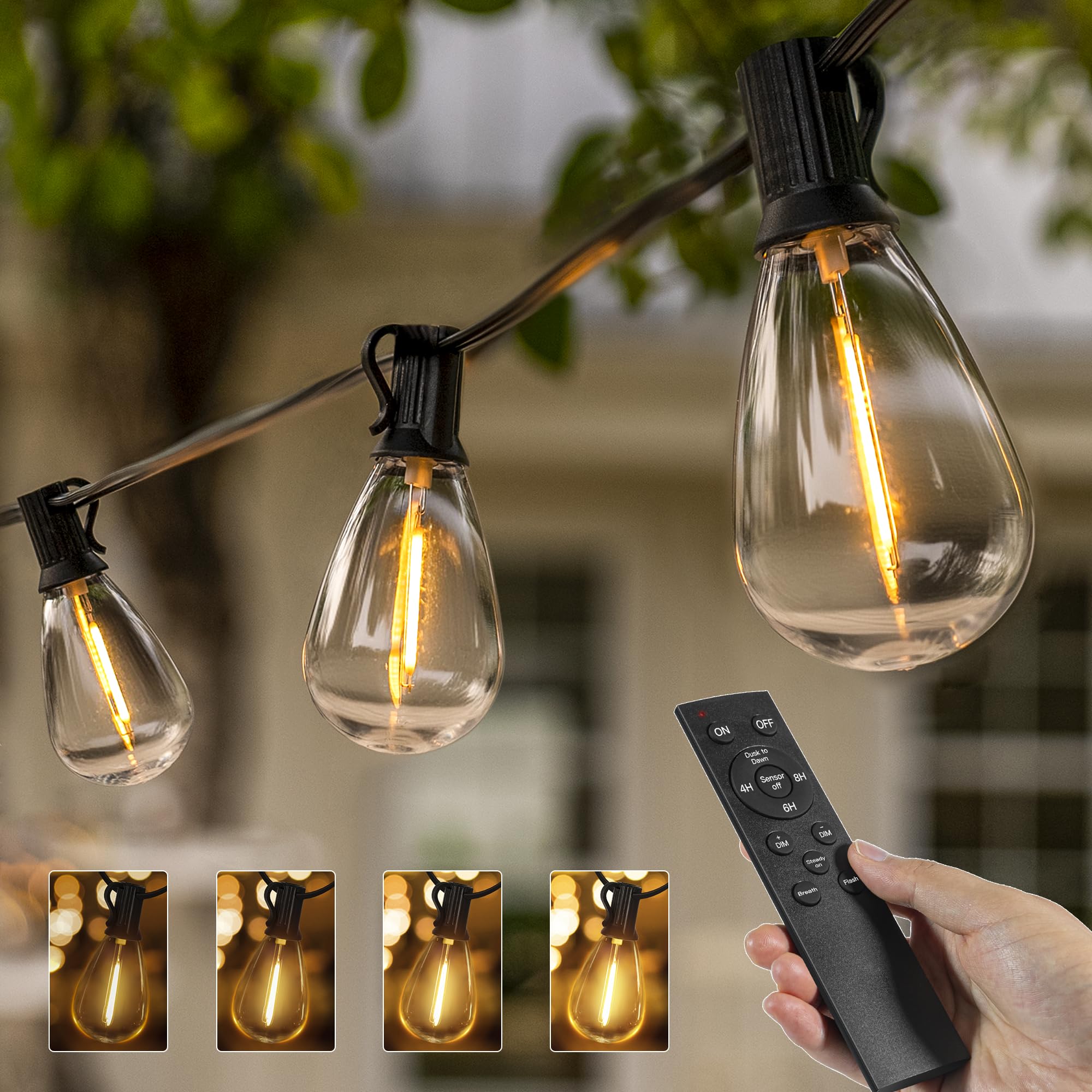 Ollny S11 Outdoor String Lights With Remote, 30 Ft 3 Modes Dimmable Timers Waterproof Connectable Patio Lights, 15+1 Led Spare B