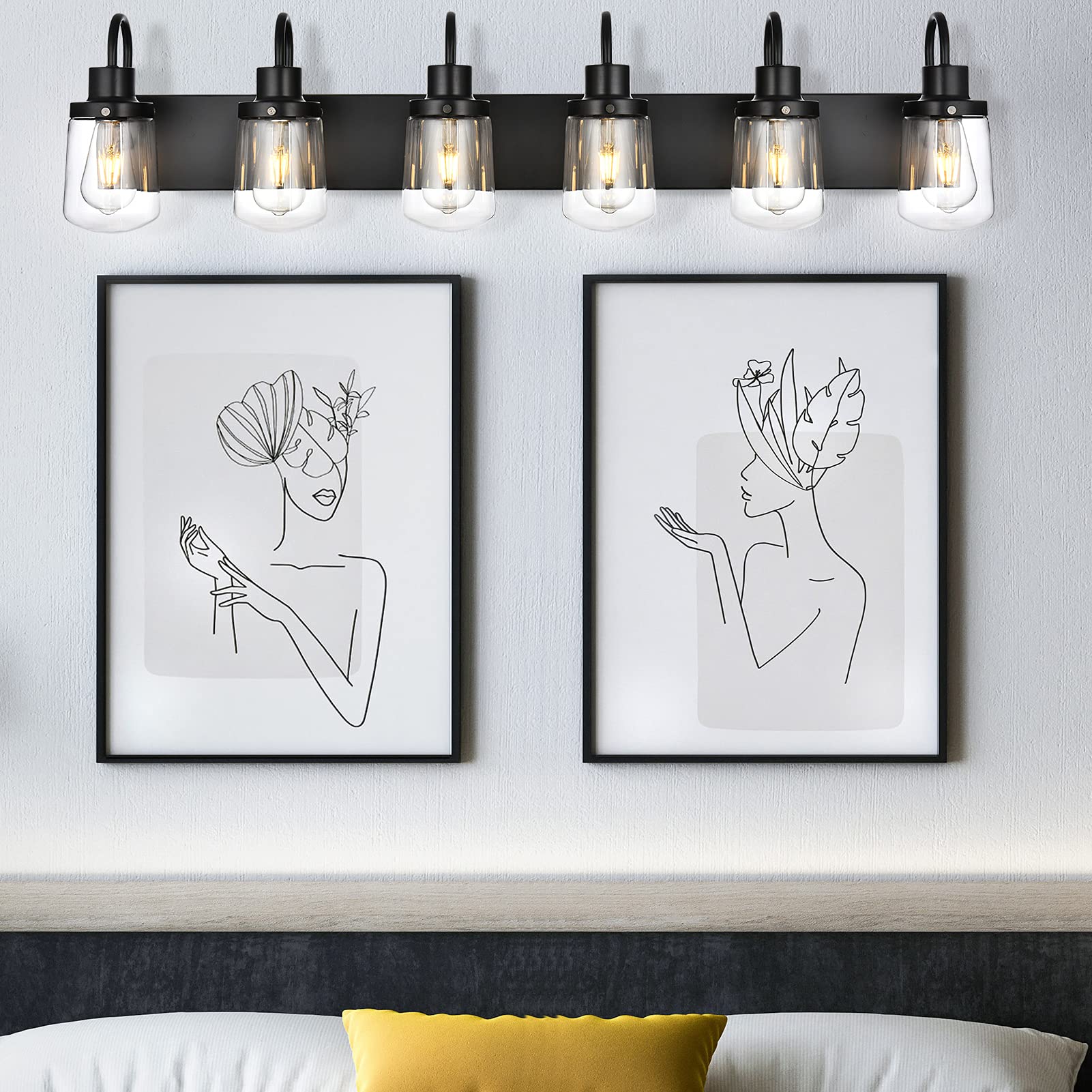 YAOHONG Bathroom Vanity Light Fixtures, 6-Light Farmhouse Vanity Light with Clear Glass Shades, Black Bathroom Lighting Fixtures