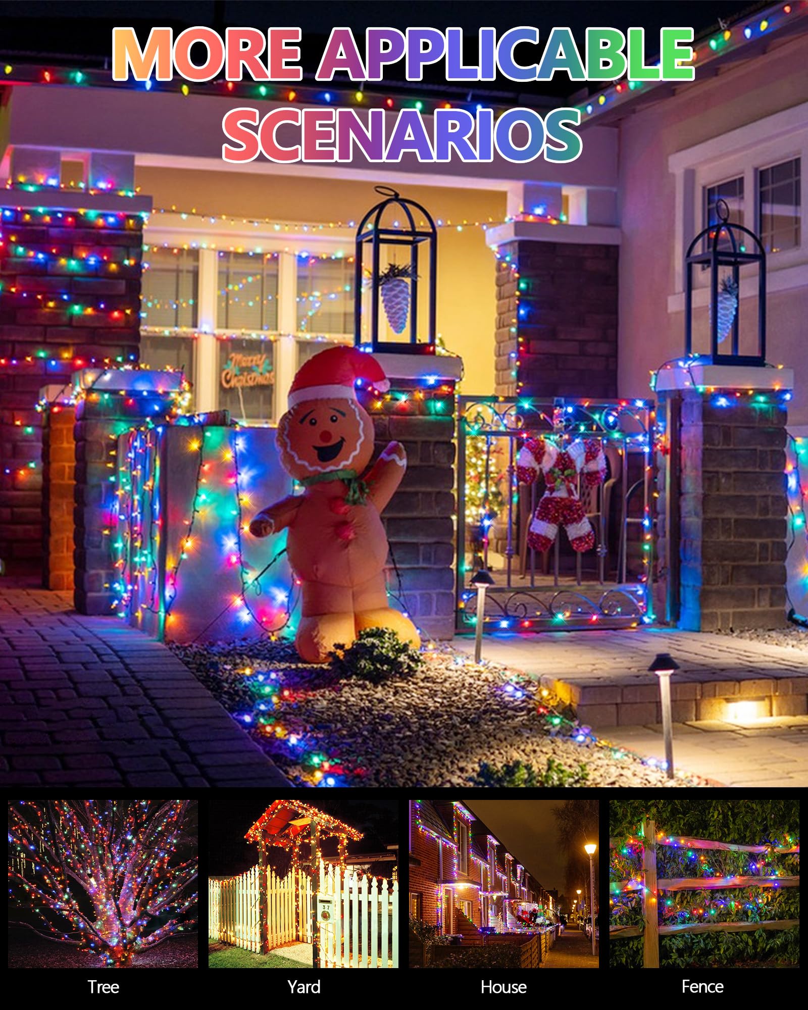 YIQU Solar Christmas Lights Outdoor, 600 LED, 198 FT, Waterproof, Multicolor, 8 Lighting Modes, 6 Pack