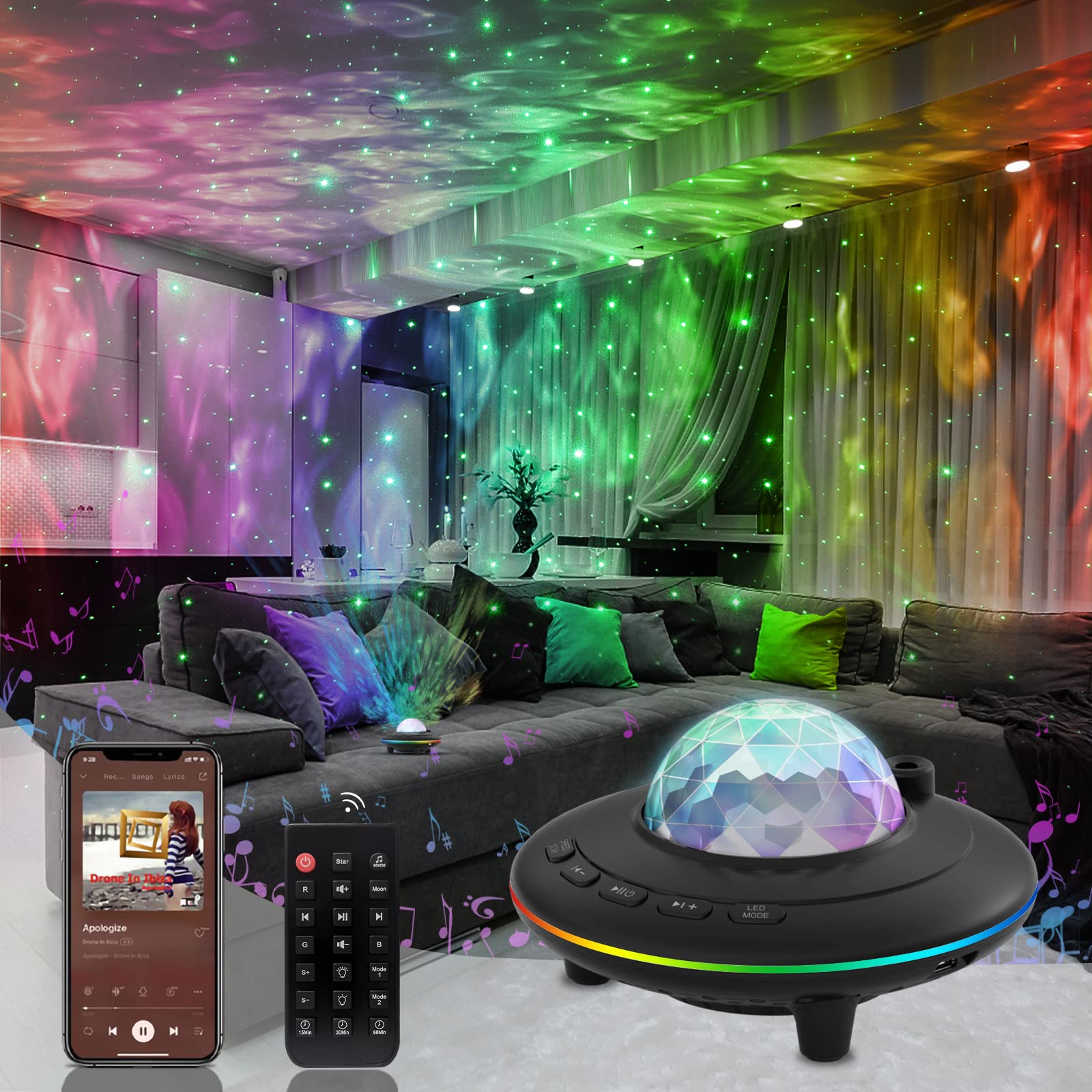 Mycket Star Projector - Galaxy & Ocean Wave Led Night Light With Bluetooth Speaker & Remote