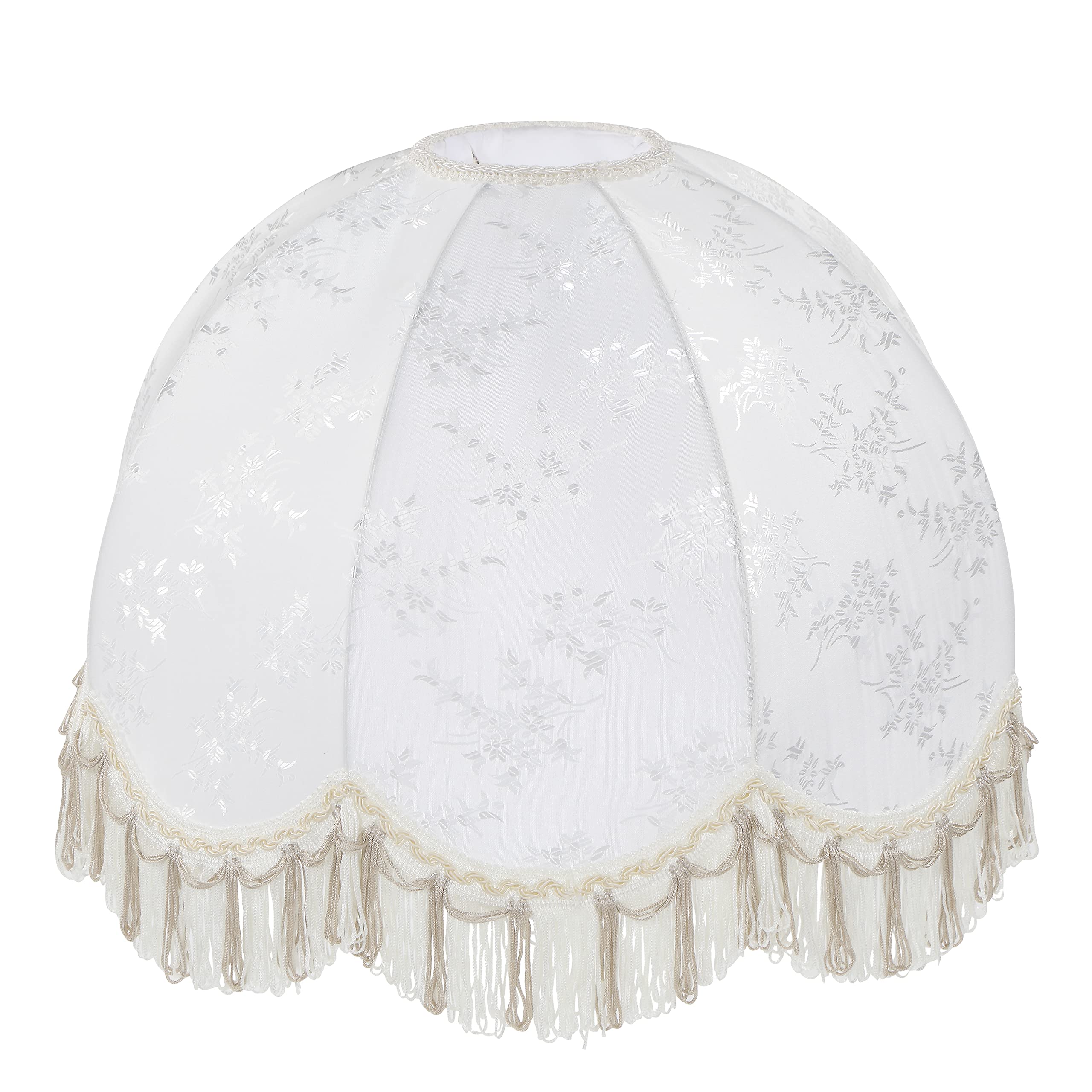 Aspen Creative 34524, Handsewn Scallop Dome Beige Spider Shade, Jacquard Textured Fabric With Fringe, 4&quot; Top X 16&quot; Bottom X 12&quot; Slant