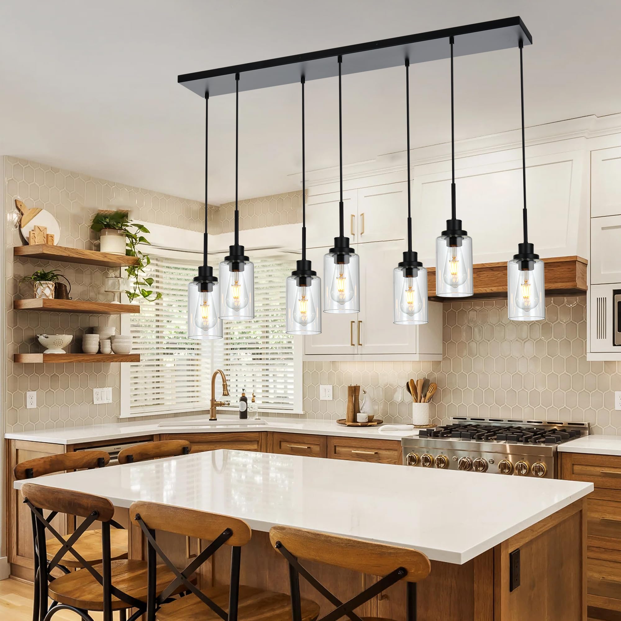 Melucee Linear Hanging Pendant Lights With Clear Glass Shade Black Dining Room Light Fixtures Over Table Kitchen Island Lighting
