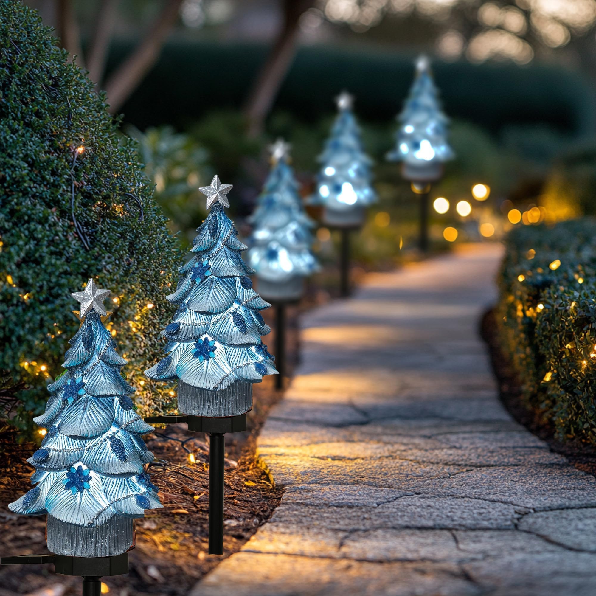 Dazzle Bright Solar Powered Fairy Garden Lights, Resin Xmas Tree Pathway Stakes, Blue, 2 Pack