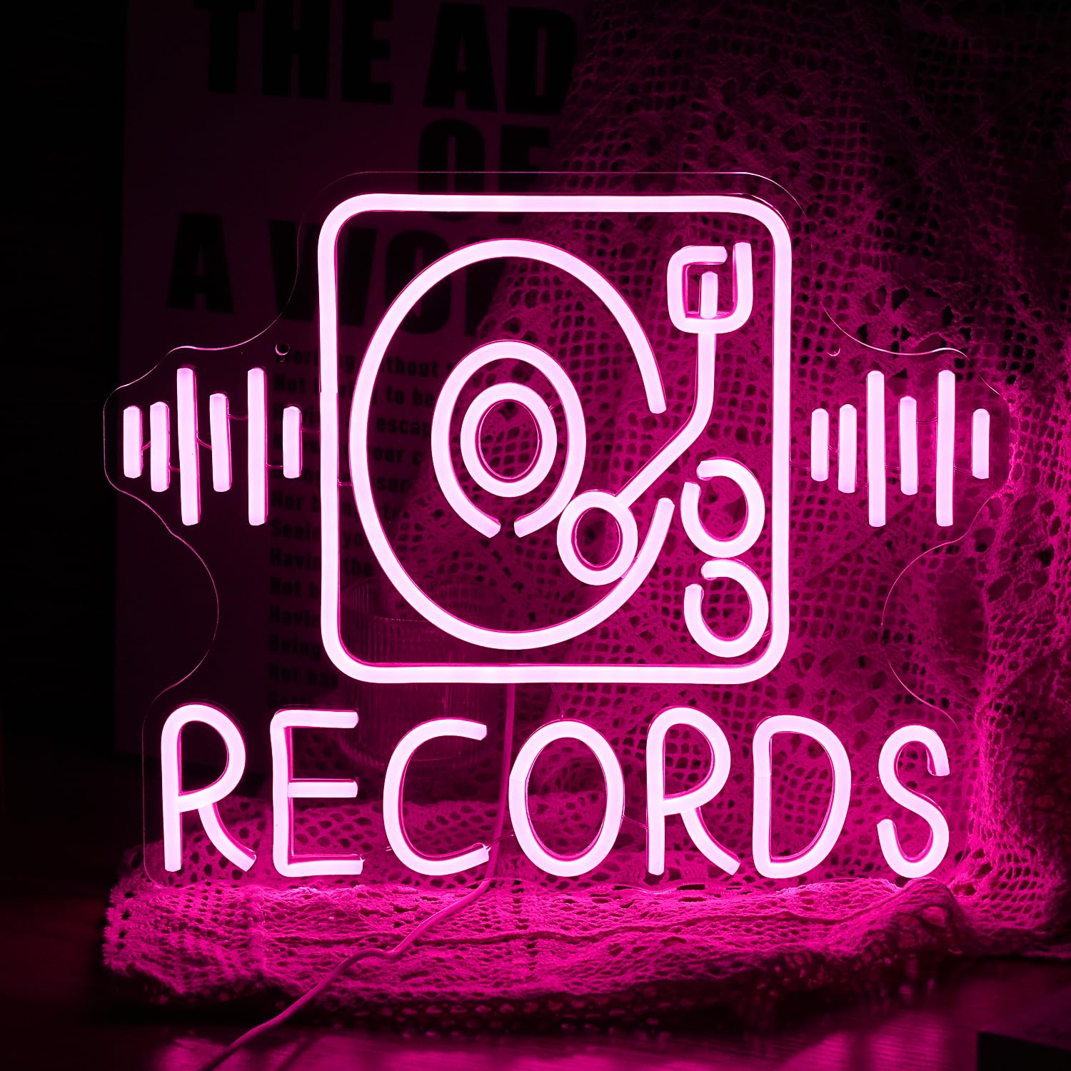 GNVETZLL Records Neon Sign, Pink LED Wall Decor, Dimmable, USB Powered, 15.7inx12.2in, Acrylic, for Music and Party Decor