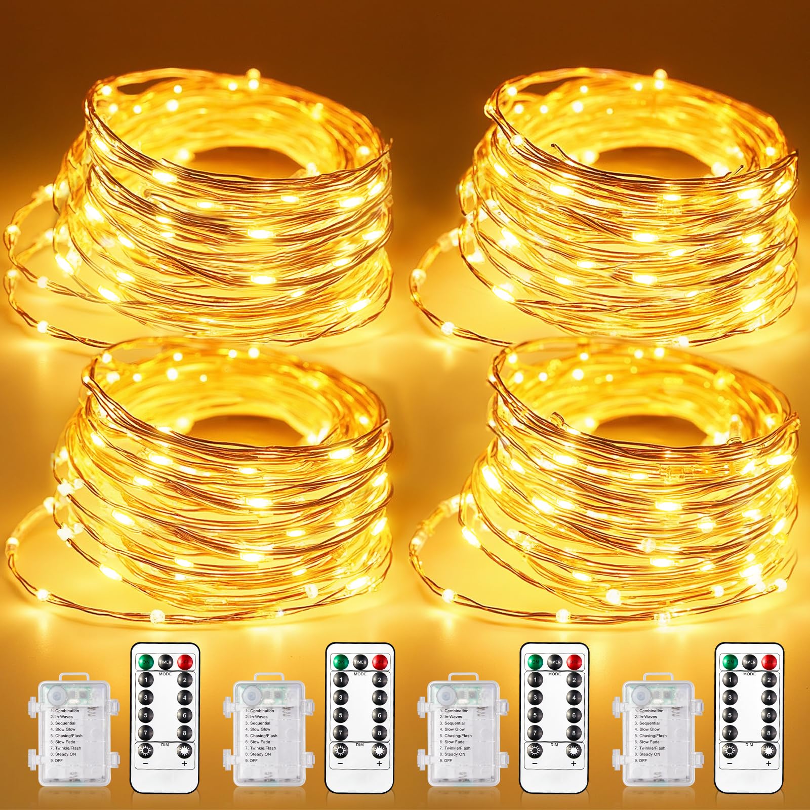WdtPro Fairy Lights Battery Operated with Remote, 33Ft 100 LED Battery Powered String Lights with Timer, Outdoor Waterproof 8 Modes Twinkle Lights for Bedroom Indoor Christmas Decor Warm White, 4 Pack