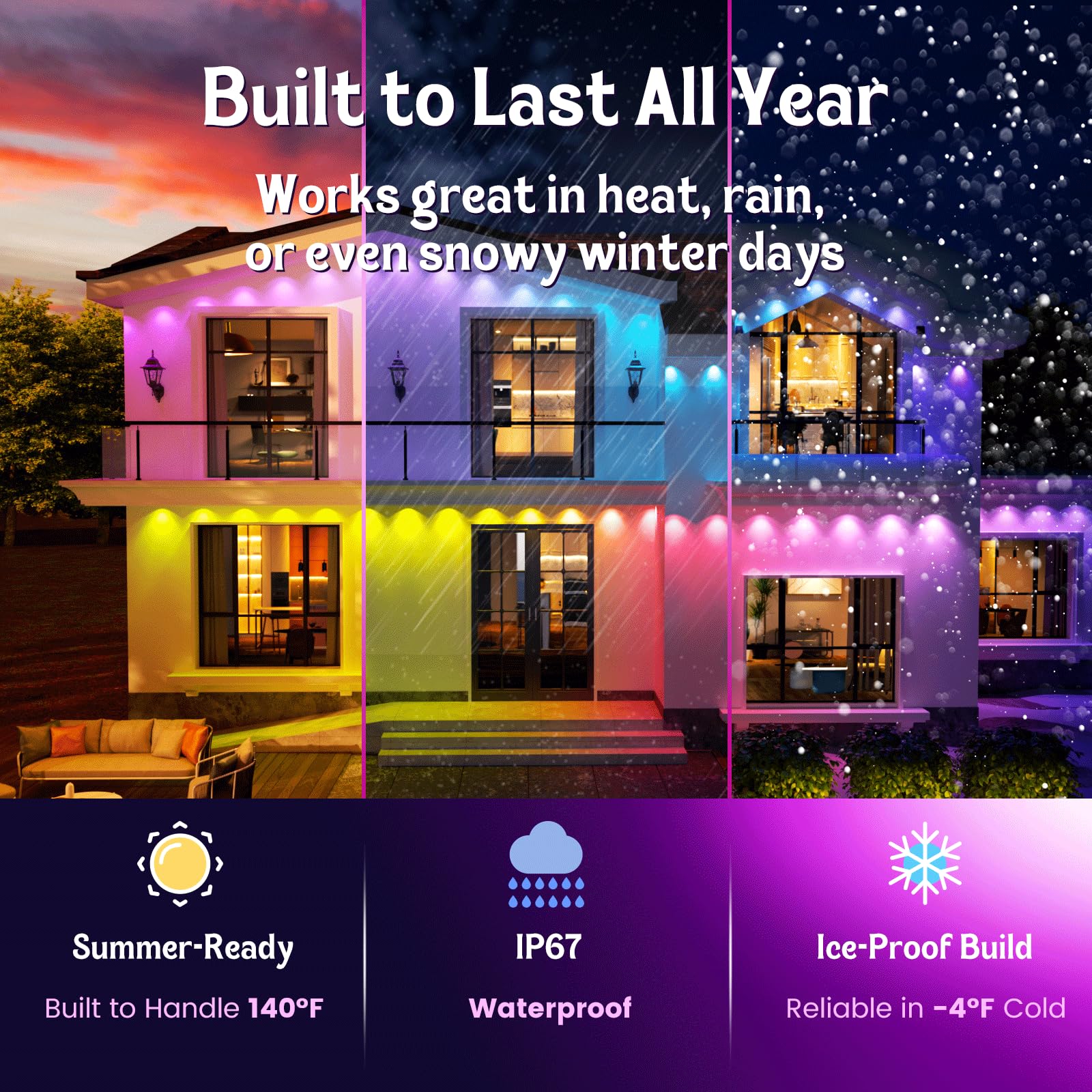HUTAKUZE Outdoor Lights, 200FT, 120 RGB LEDs, IP67 Waterproof, 48 Scene Modes, Remote Control, Multicolor, Model C5109
