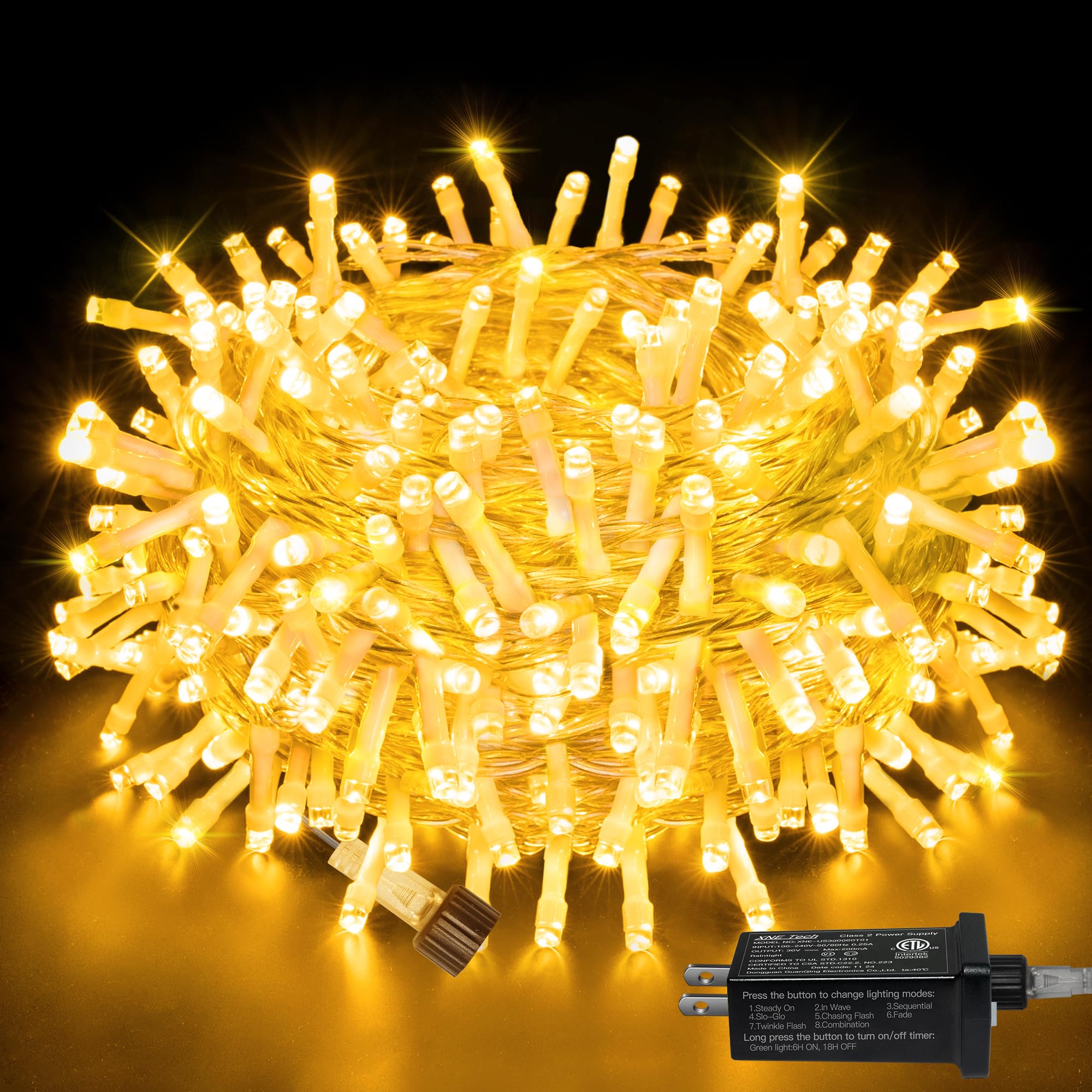 Ollny Christmas Lights Outdoor 200LED 60FT, Warm White Connectable Plug in Fairy Light Indoor, 8 Modes Waterproof Timer Plug in LED String Lights for House Outside Bedroom Patio Balcony