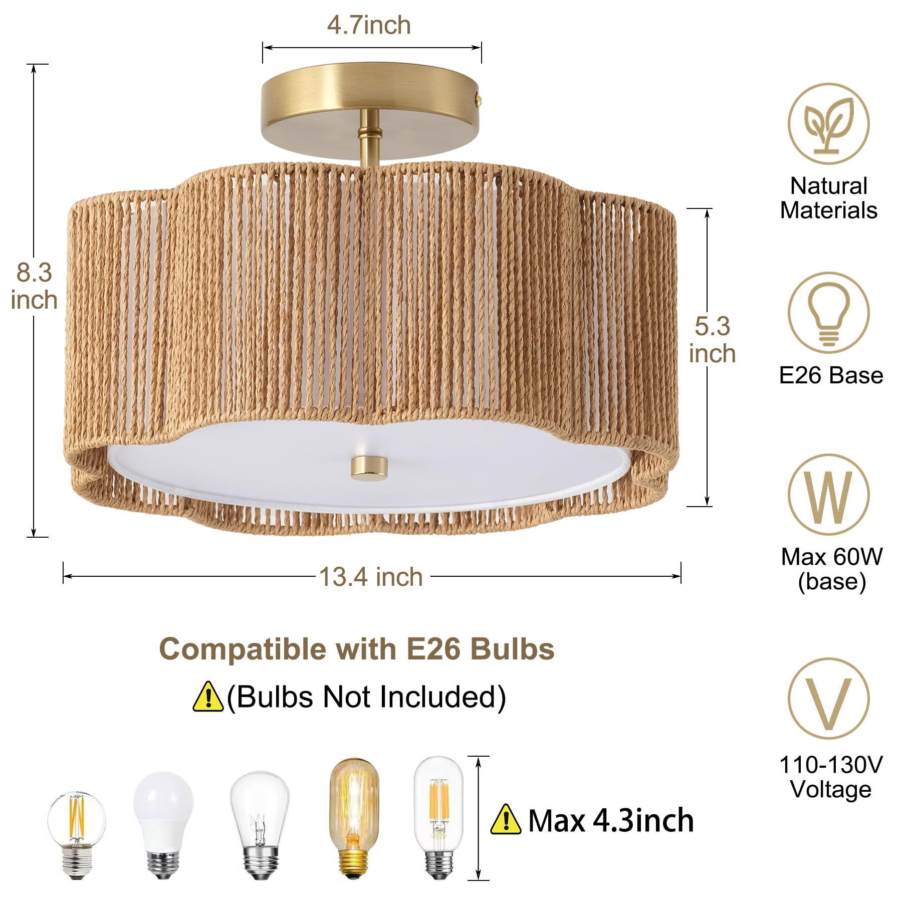 Giutna Rattan Ceiling Light Fixture, 3-Light Flush Mount, Modern Design, 13.4" Yellow Chandelier for Bedroom, Hallway, Kitchen