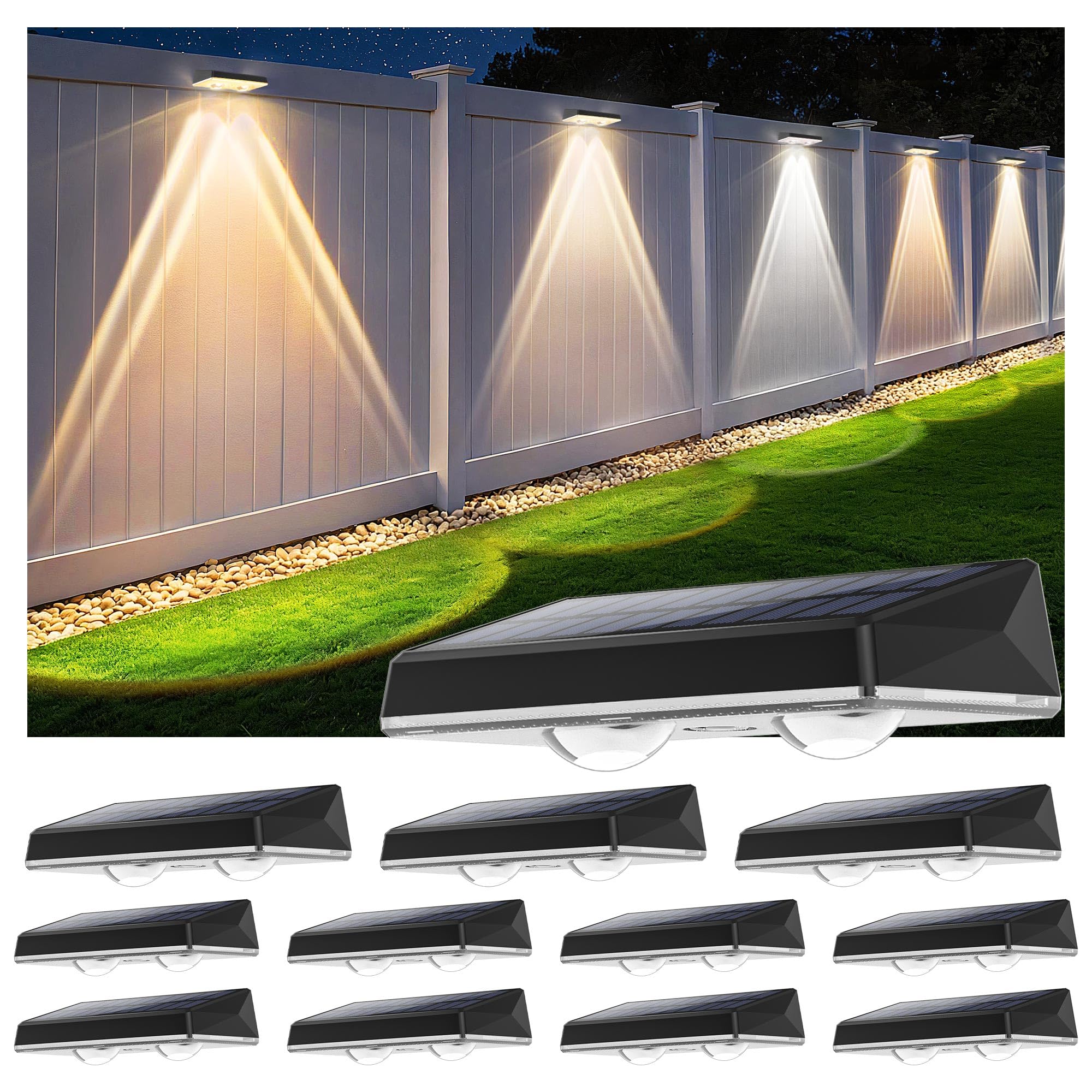 Solar Fence Lights Outdoor  12-Pack 120LM Fence Lights Solar Powered  IP67 Waterproof Dusk to Dawn Auto On/Off 12+ Hours for Outside/Backyard/Wall/Step/Patio/Deck/Pool (3000K/4000K/6000K White)