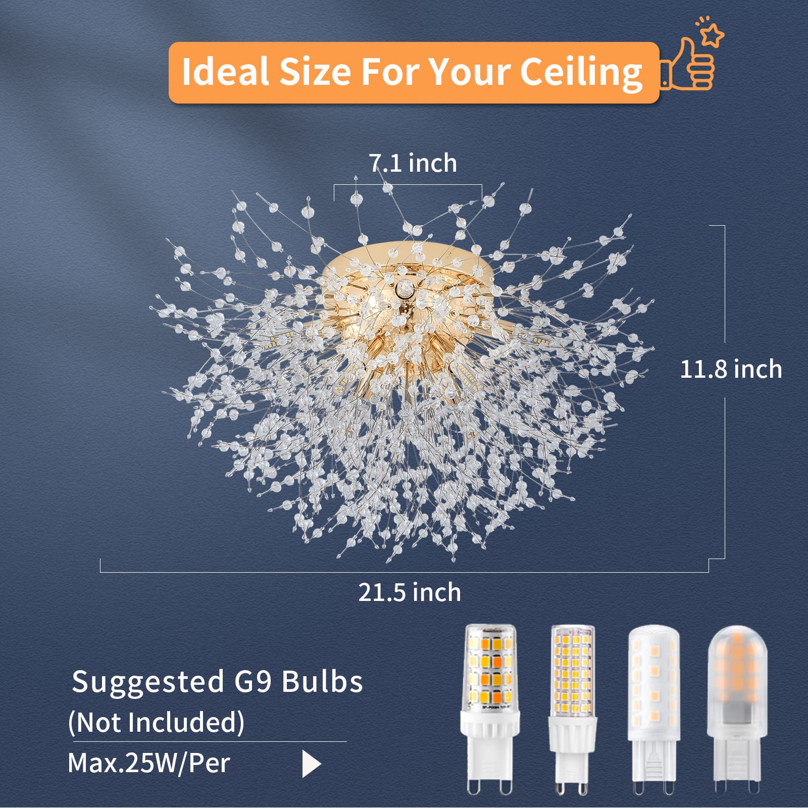 Sputnik Flush Mount Ceiling Light Fixtures, Modern Gold Crystal Firework Chandelier, 8-Light Close To Ceiling Lighting Fixtures For Bedroom Kitchen Hallway Entryway(H11.8'' X W21.5'')