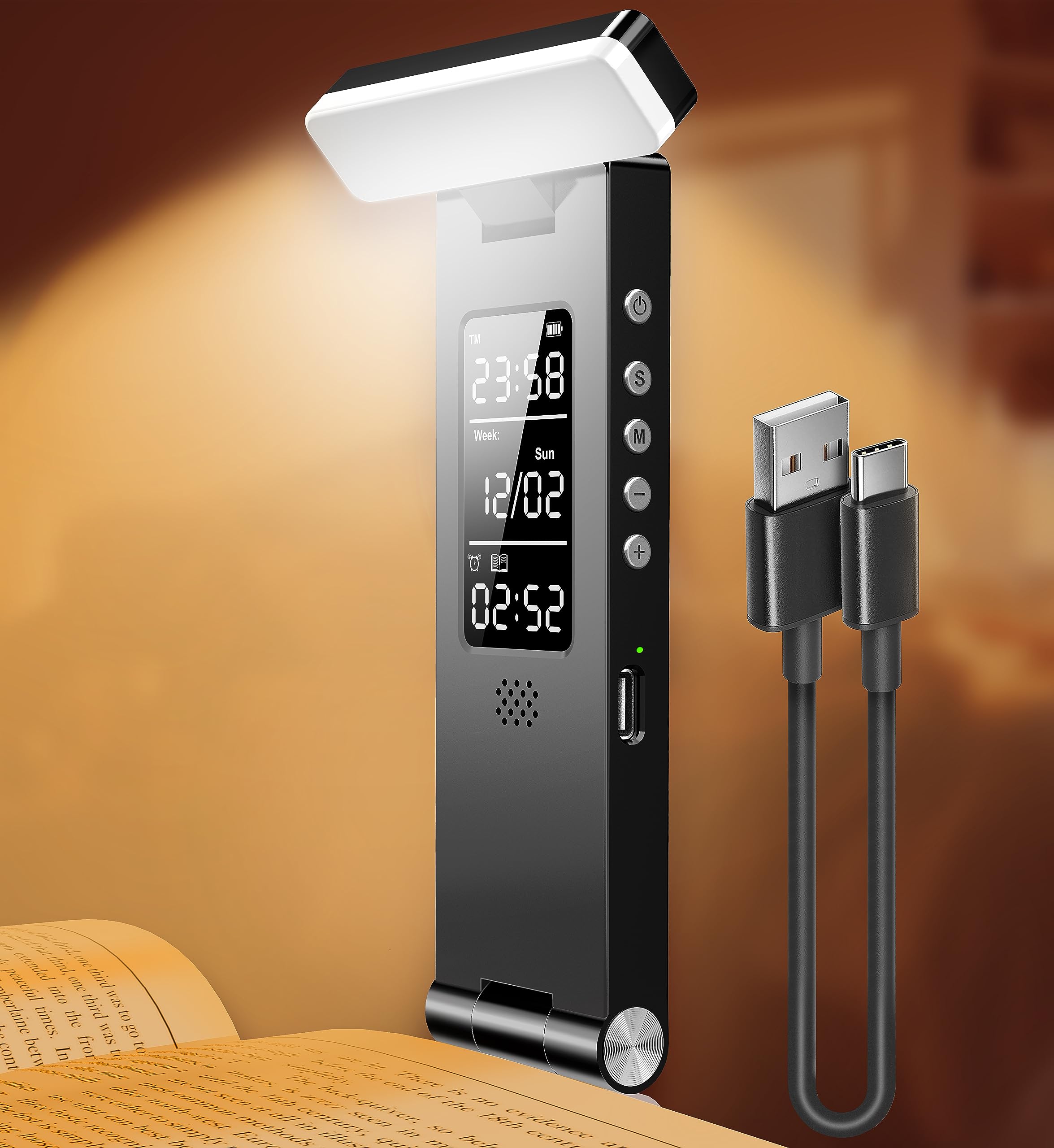 SRTCLLT Book Light, Rechargeable Portable Night Lamp with Timer & LCD Display, 5.32 x 1.97 x 0.47 inches, 5 Dimmer, Model 