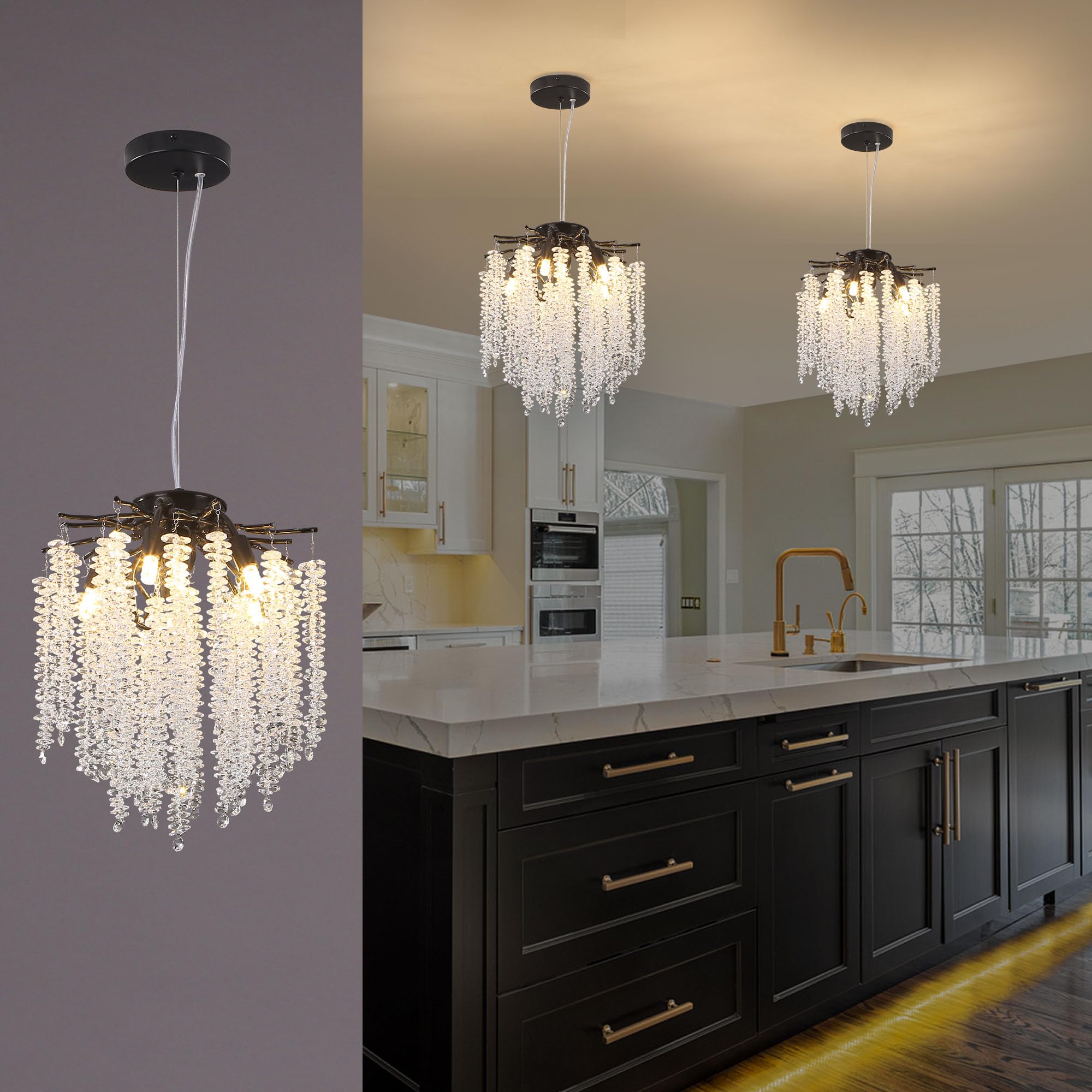 Upfelw Modern Crystal Branch Chandelier D12, Black Luxury Round Tree Branch Raindrop Pendant Light Fixture 5 Lights for Kitchen 
