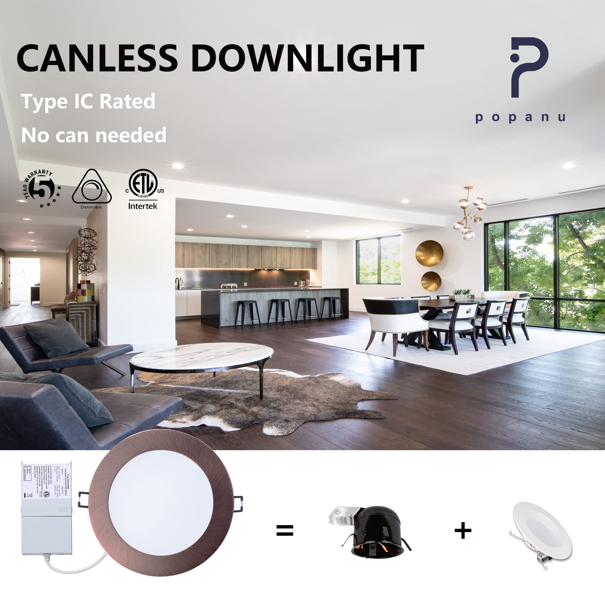 Popanu Led Canless Recessed Downlight Ultra-Thin 5 Cct Adjustable Ceilling Light With Junction Box, 12W Color Temperature Select