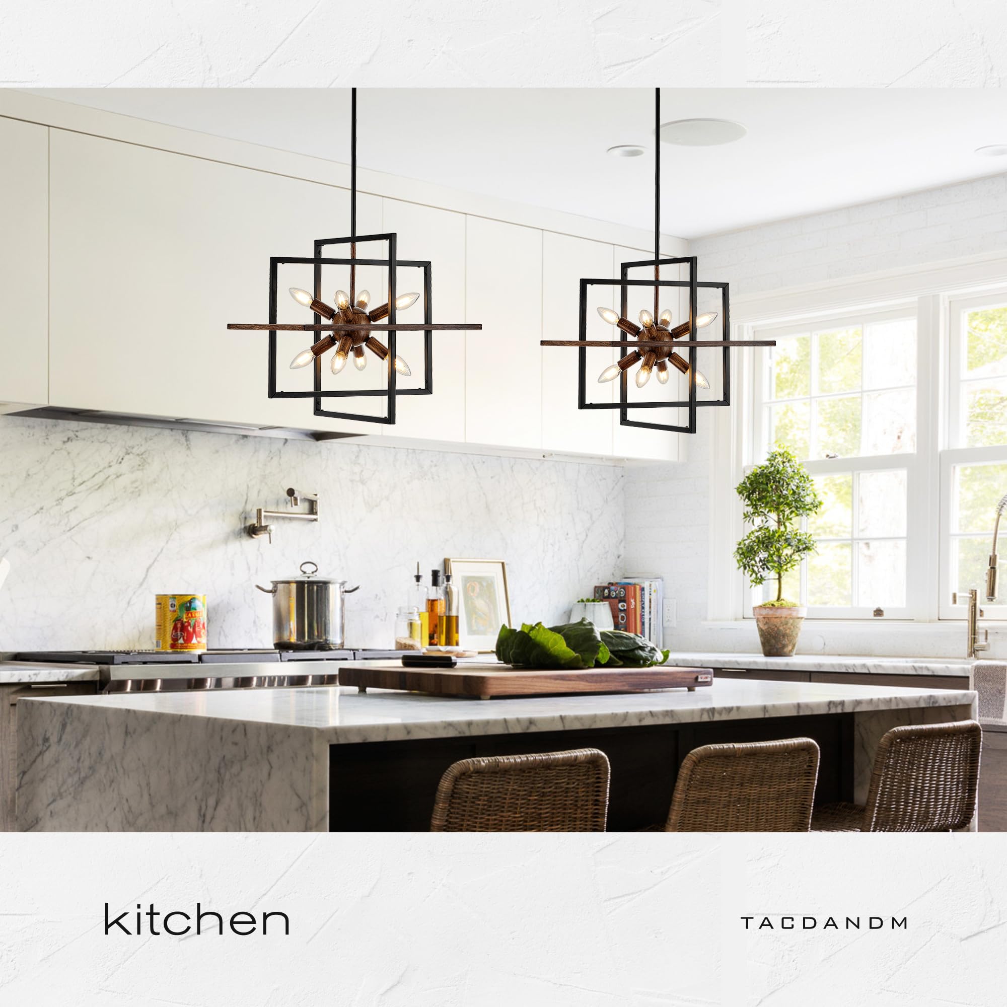 Tacdandm 8-Light Wood Grain And Vintage Black Sputnik Chandelier  18.9 Industrial Pendant Lighting Fixture For Dining Room