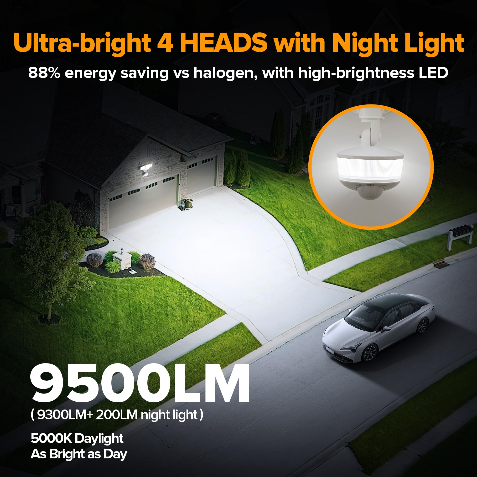 Lutec 84W 9500Lm Led Security Light Motion Sensor Outdoor Lights With Night Light, 4 Head Led Flood Lights Outdoor 5000K Dayligh