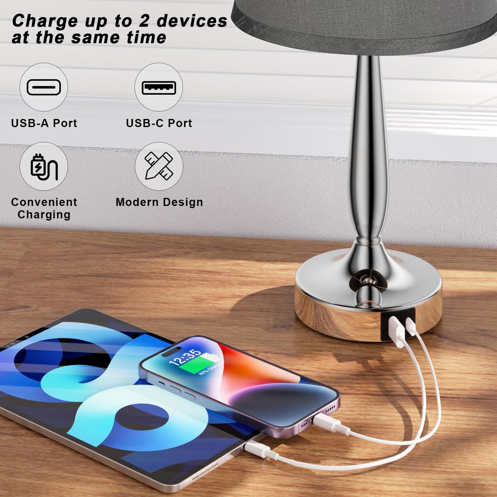 Kakanuo Touch Table Lamp - 3 Way Dimmable, USB C Charging, Gray Shade & Silver Base, Ideal for Bedroom & Living Room