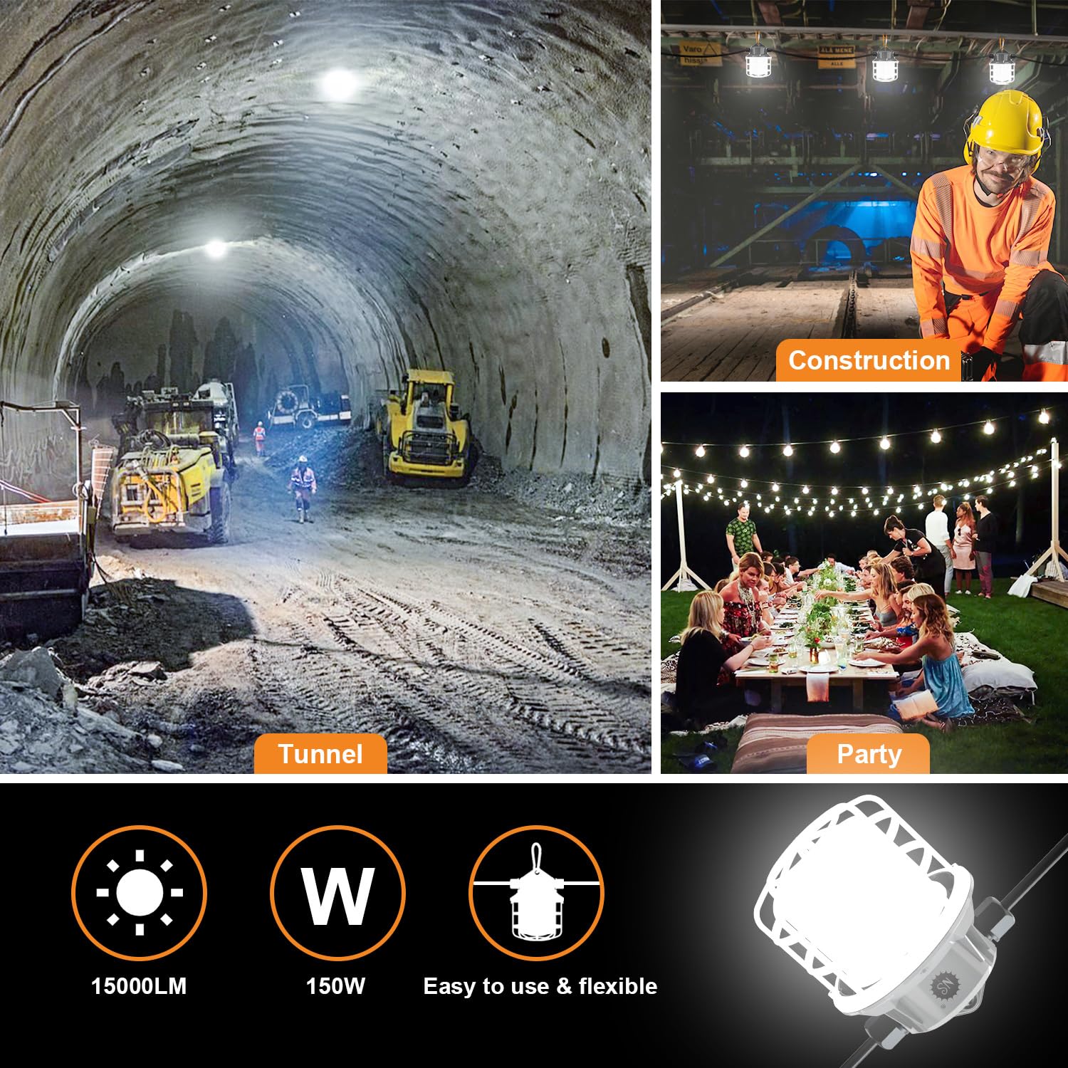 Ns 100Ft Led Construction String Lights, 150W 15000Lm Led String Work Lights, Temporary Work Lights Linkable Industrial String Work Lights With Hook For Jiobsite, Outdoor Lighting (10)