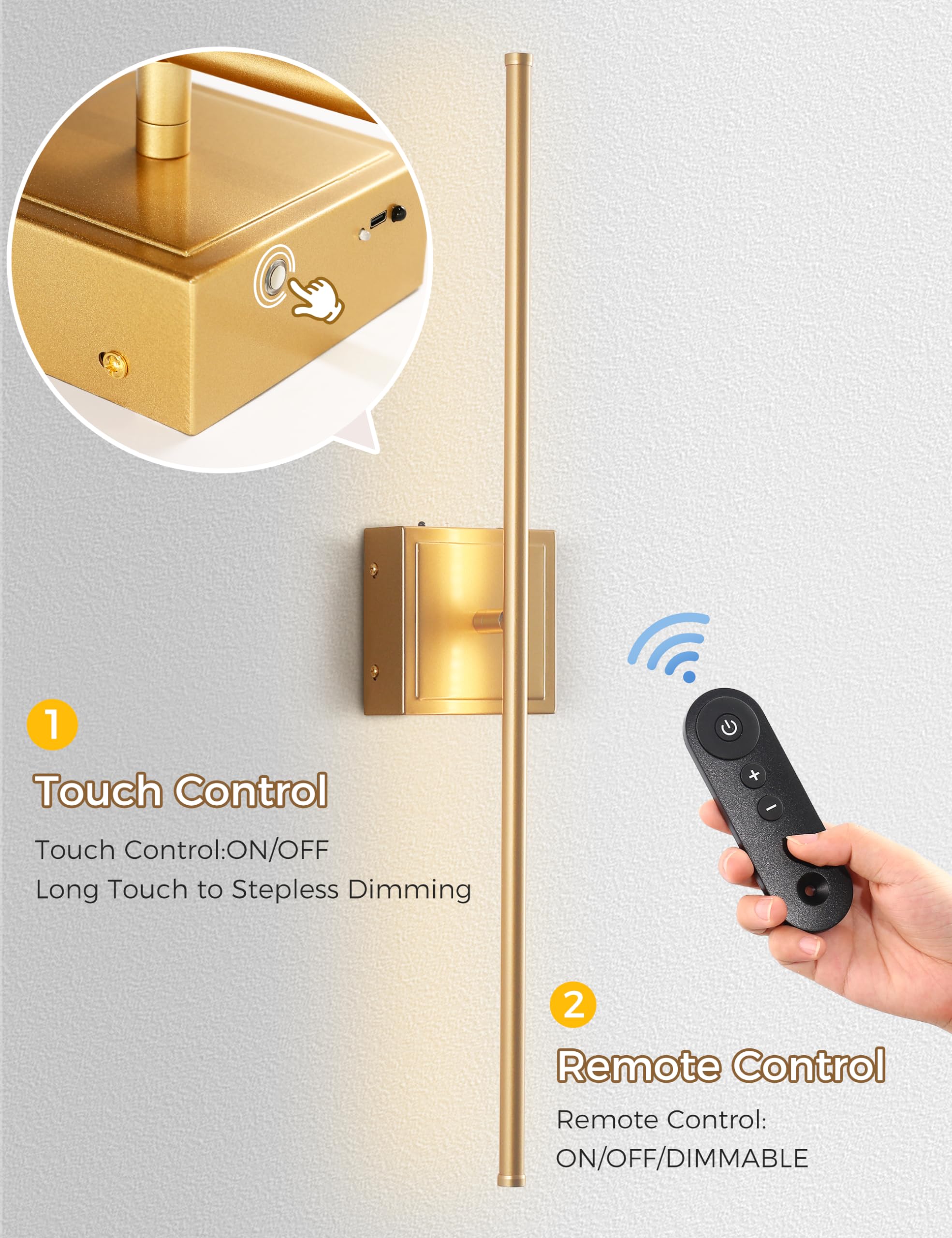 DORESshop Battery Operated Wall Sconces Set of 2, Dimmable, Gold, 28.1 Inch, Metal, Model NB04501A