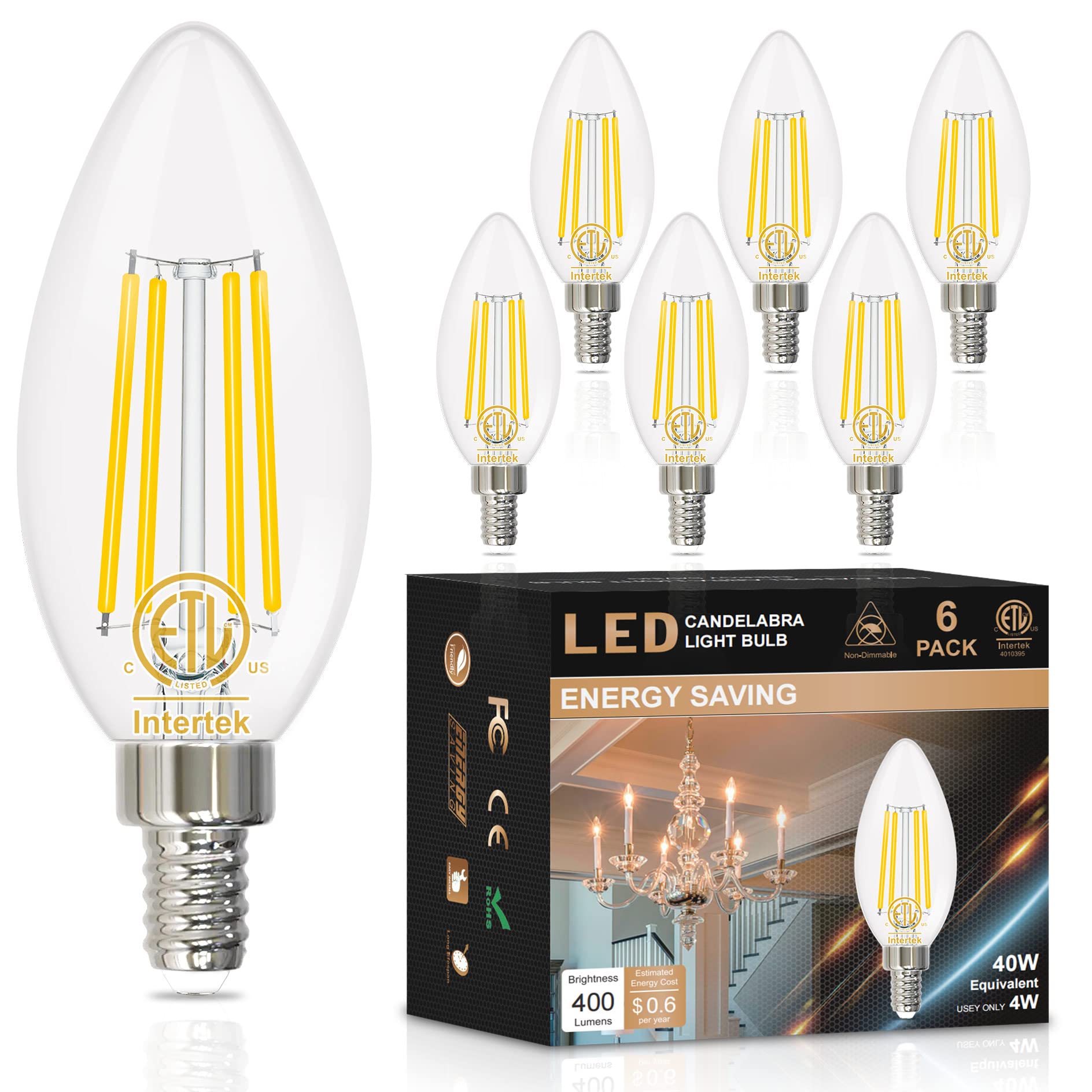 Hansang E12 Ceiling Fan Light Bulbs 4000K Natural Daylight, 40W Equivalent Chandelier Candelabra Light Bulbs,120V 4W Candle Shap