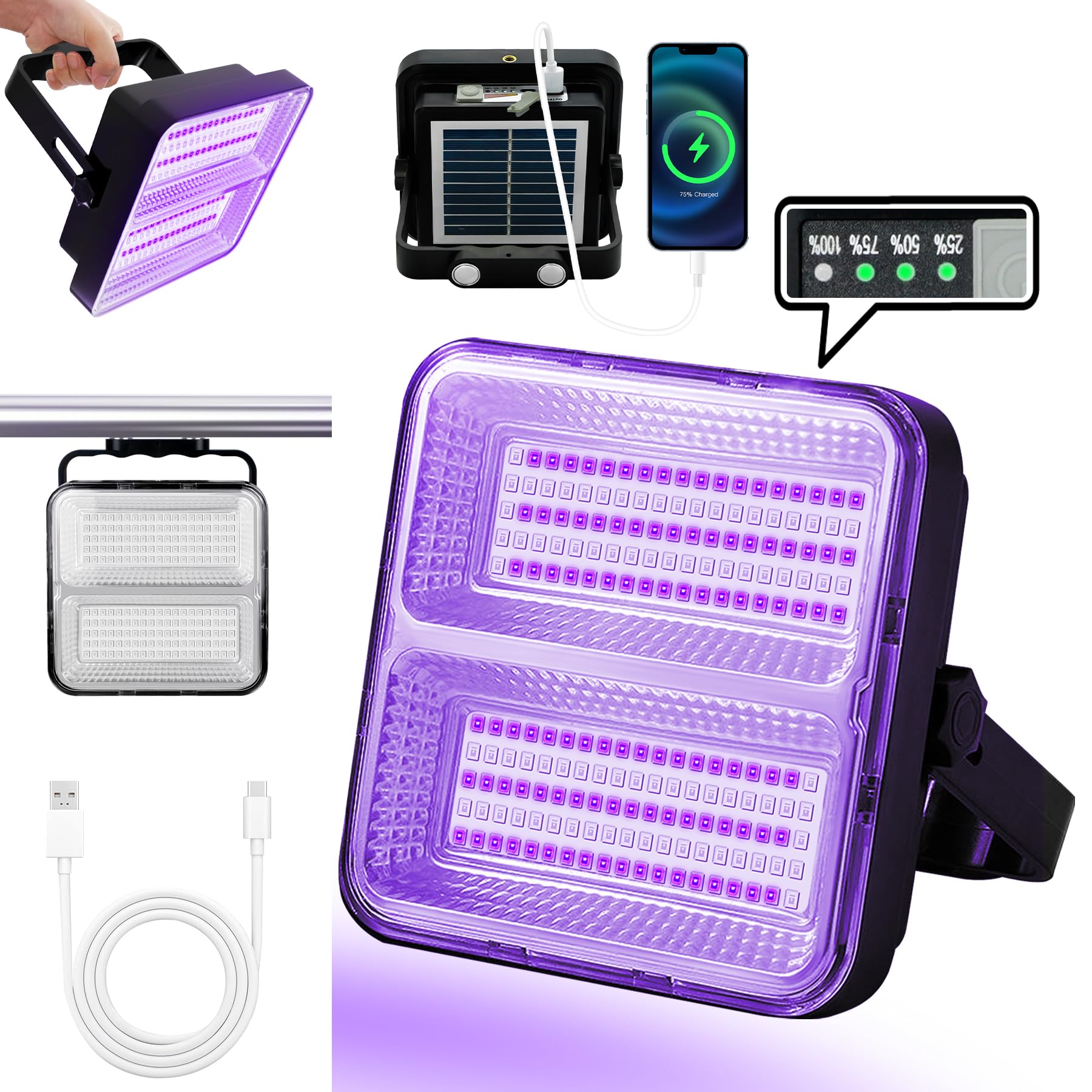 Winniw 9600 Mah Rechargeable Black Light, Dimmable Uv Light, 200 Led 395 Nm Uv Flashlight Camping Blacklight, Halloween, Body Painting, Uv Paint, Fluorescent Effect