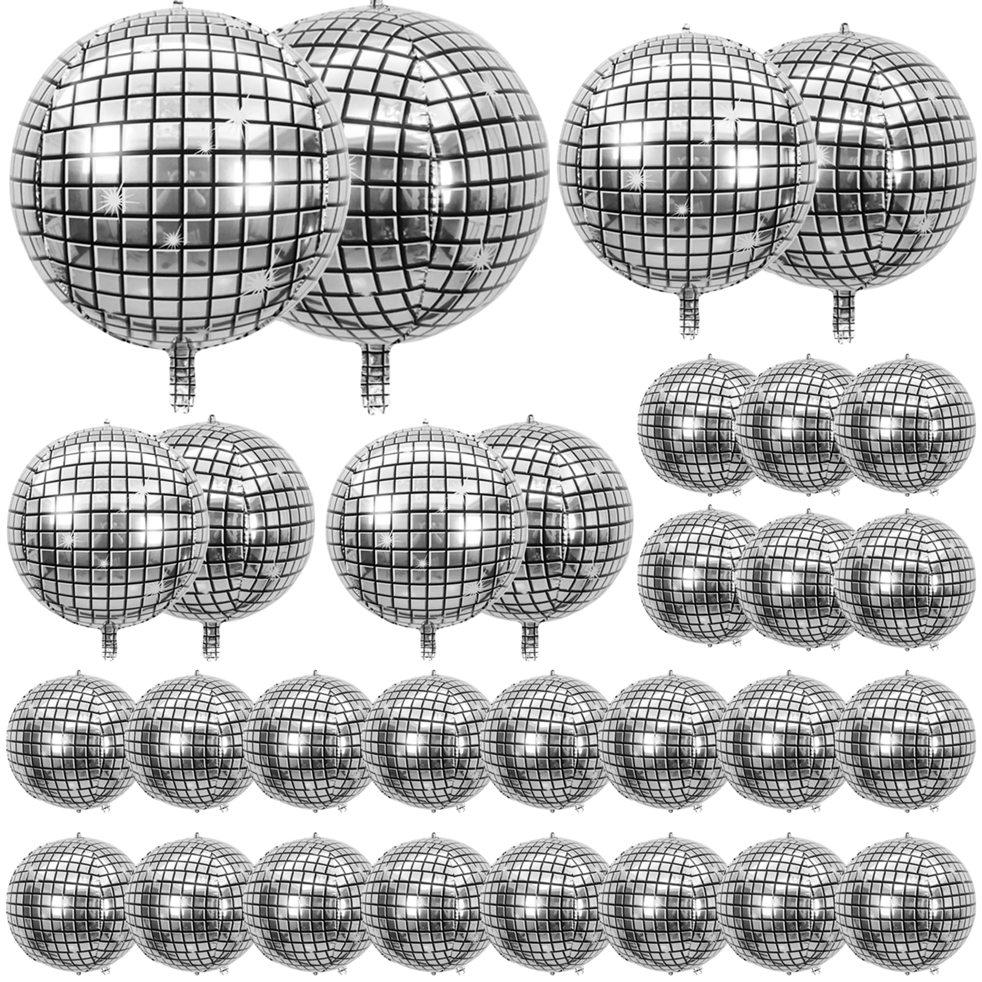 30 Pcs Disco Ball Balloons Different Sizes- 4D Large Disco Balloons 10 Inch 15 Inch 18 Inch 22 Inch Assorted Round Metallic Silv
