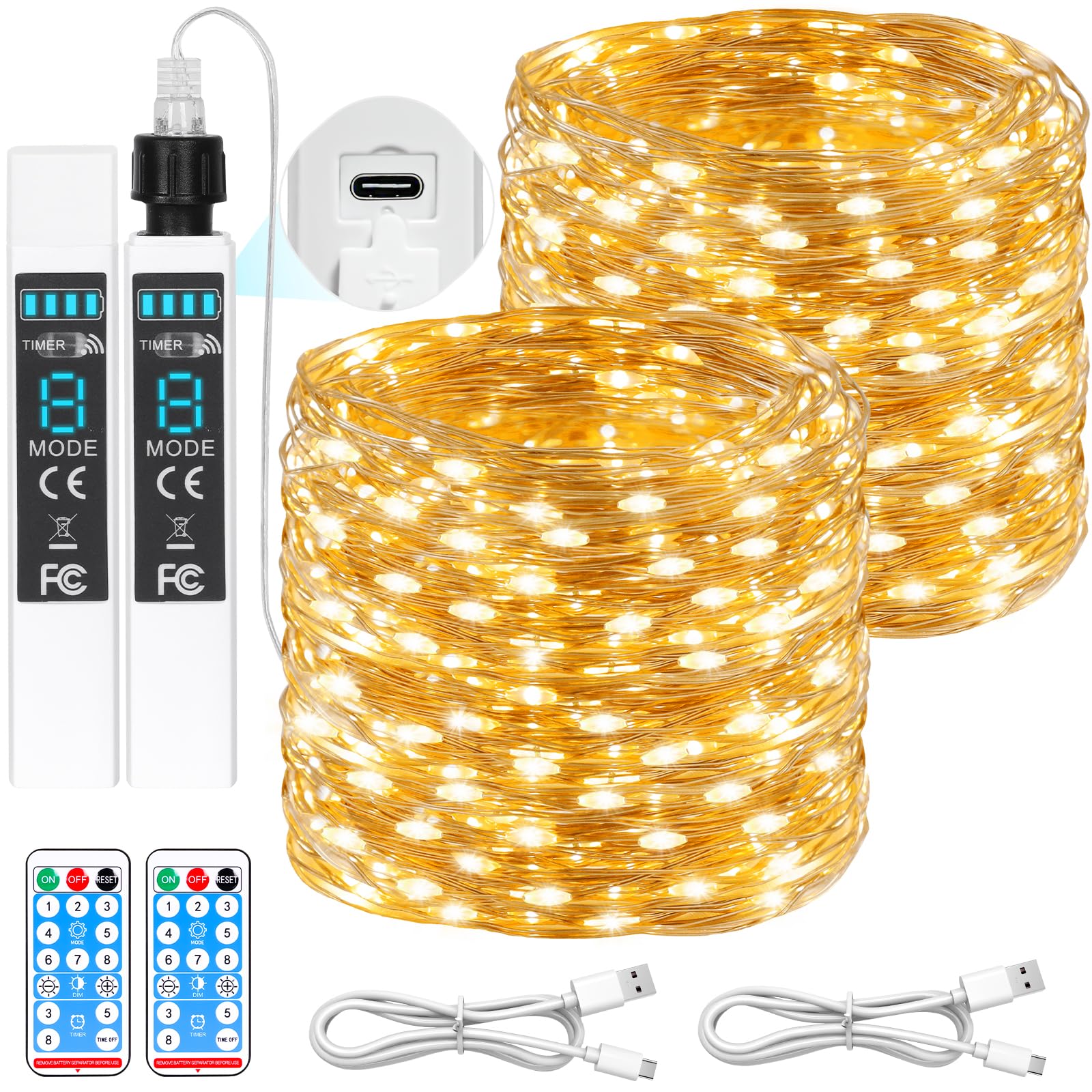 Upgraded Rechargeable Fairy Lights 66FT 2-Pack, 200 LED String Lights Battery Operated with Remote&Timer, Waterproof Outdoor Twi