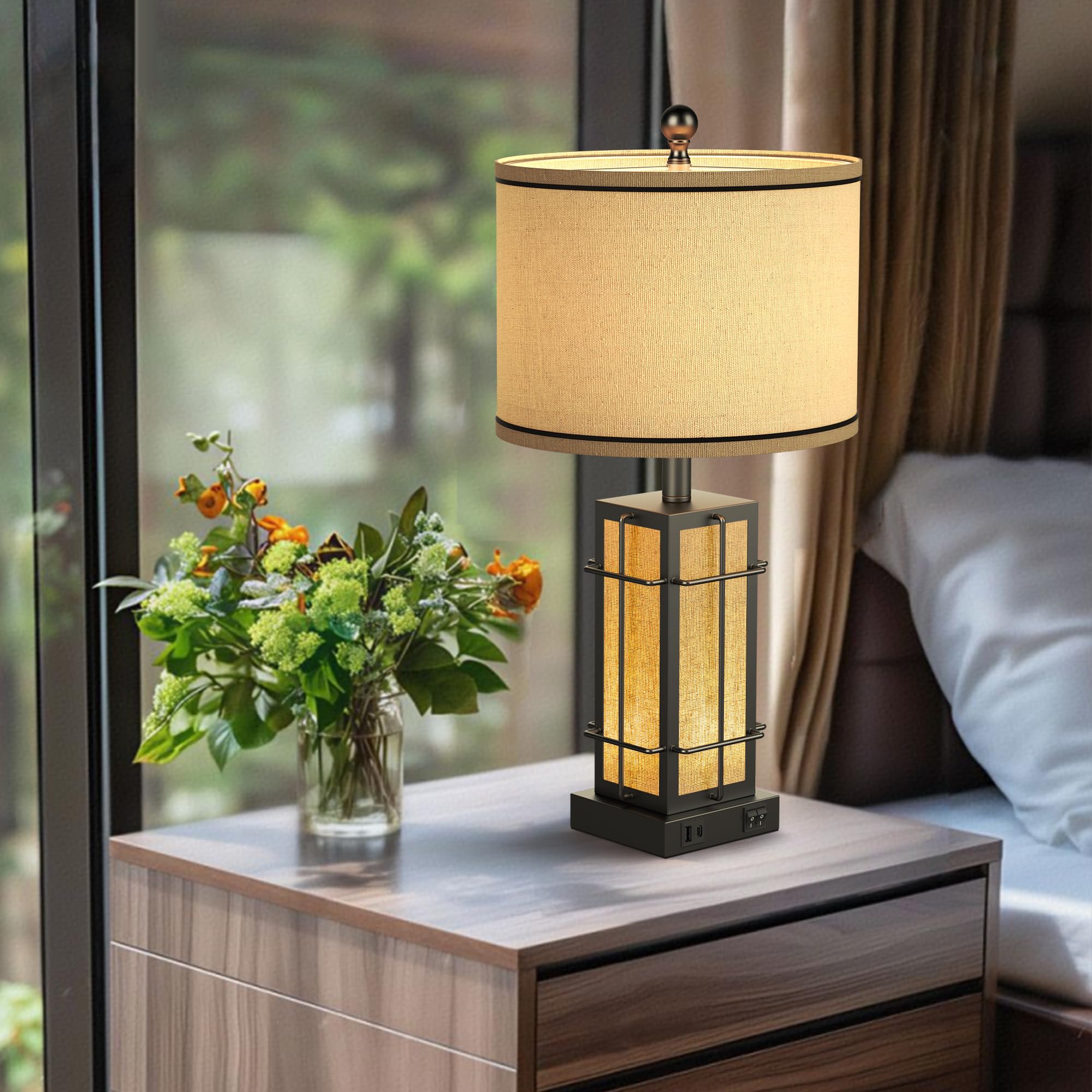 Bzzmmb Black Table Lamps Set Of 2, 24'' Farmhouse Lamps For Living Room With Usb C+A Ports, Industrial Retro Lamps For Bedroom,