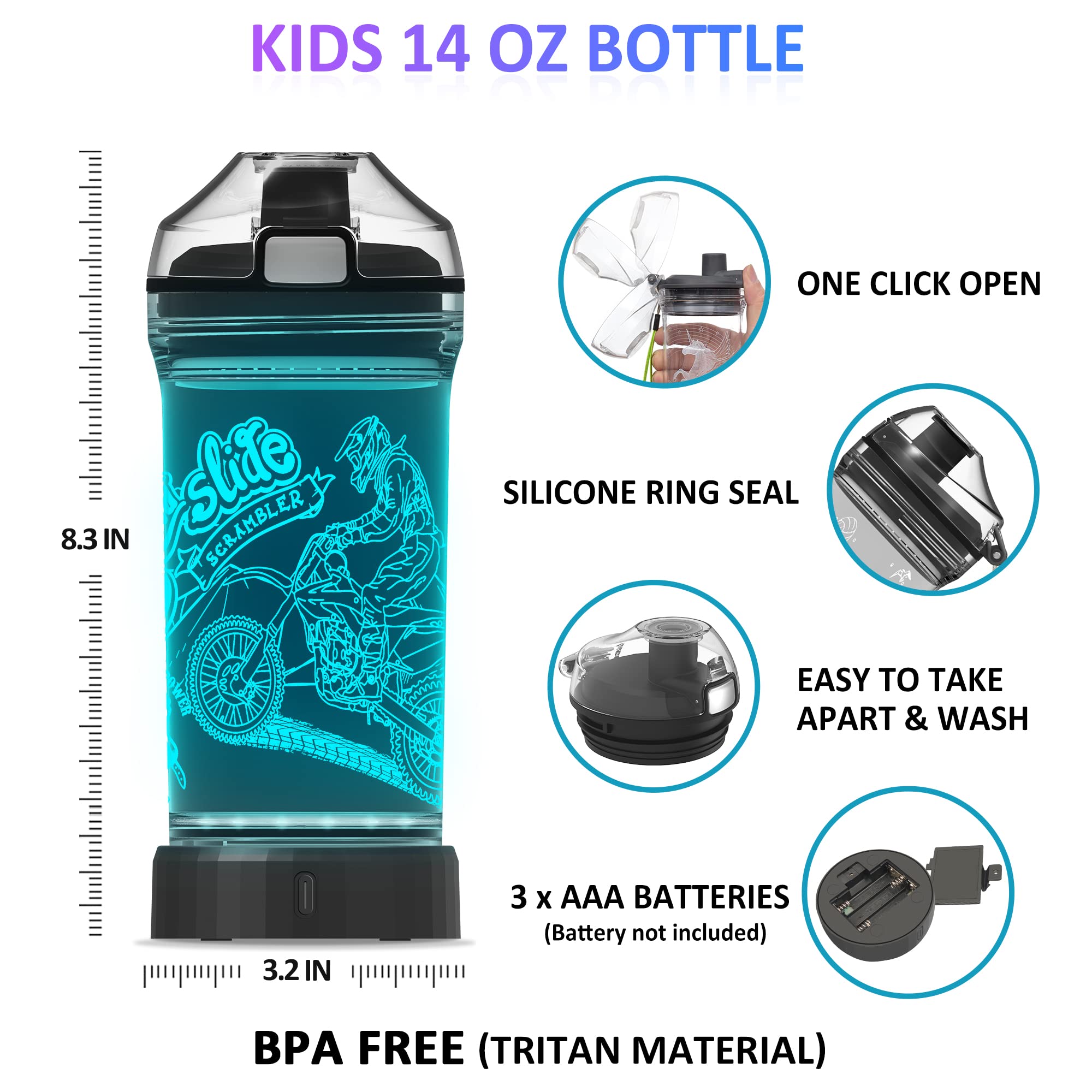 Attivolife Motorcycle Kids Water Bottle - Light Up 3D LED, 14 oz BPA Free, Creative Travel Cup, Model KF-PZ017