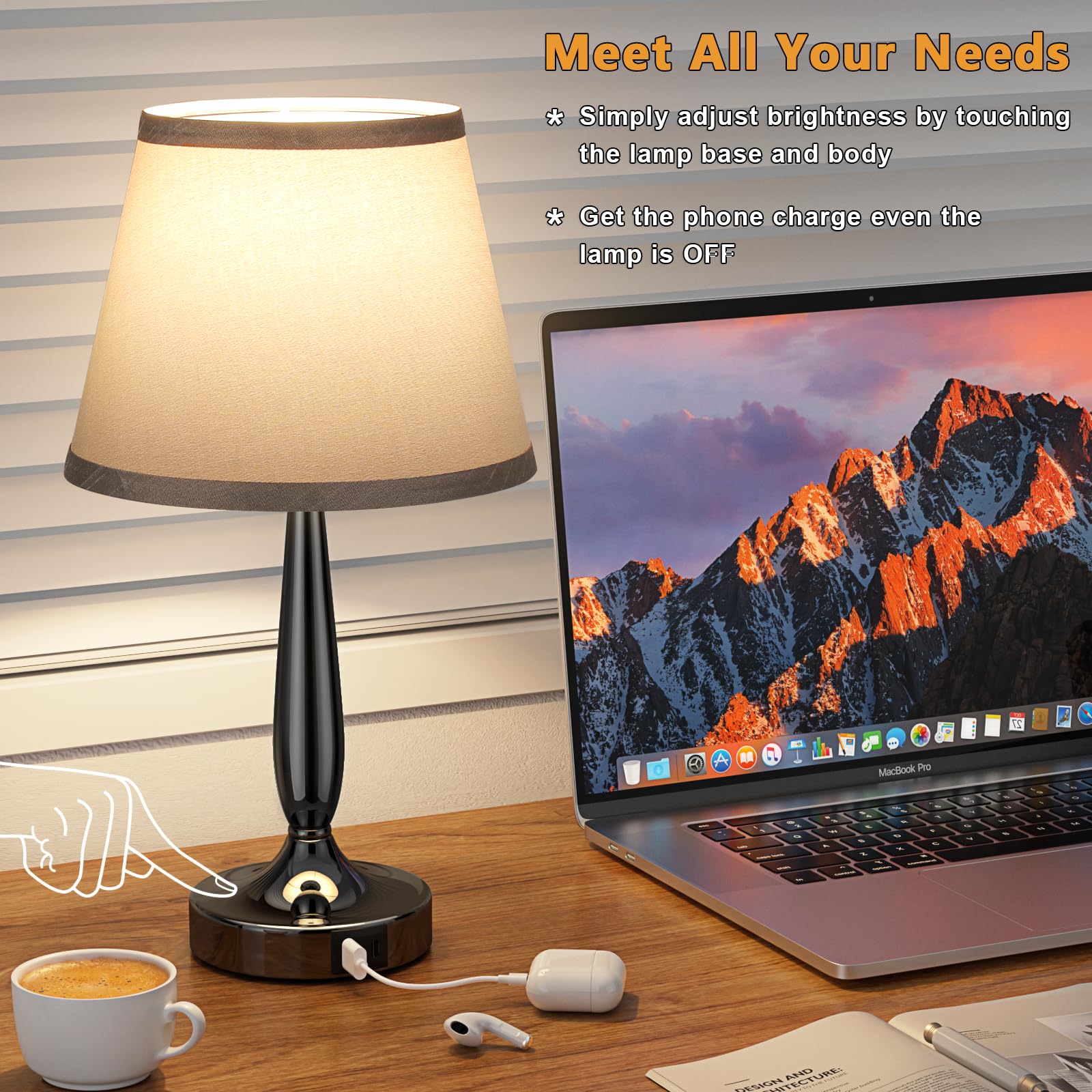 Kakanuo Touch Table Lamp - 3 Way Dimmable, USB C Charging, Metal, A-Gray, LED Bulb Included for Bedroom, Living Room, Office
