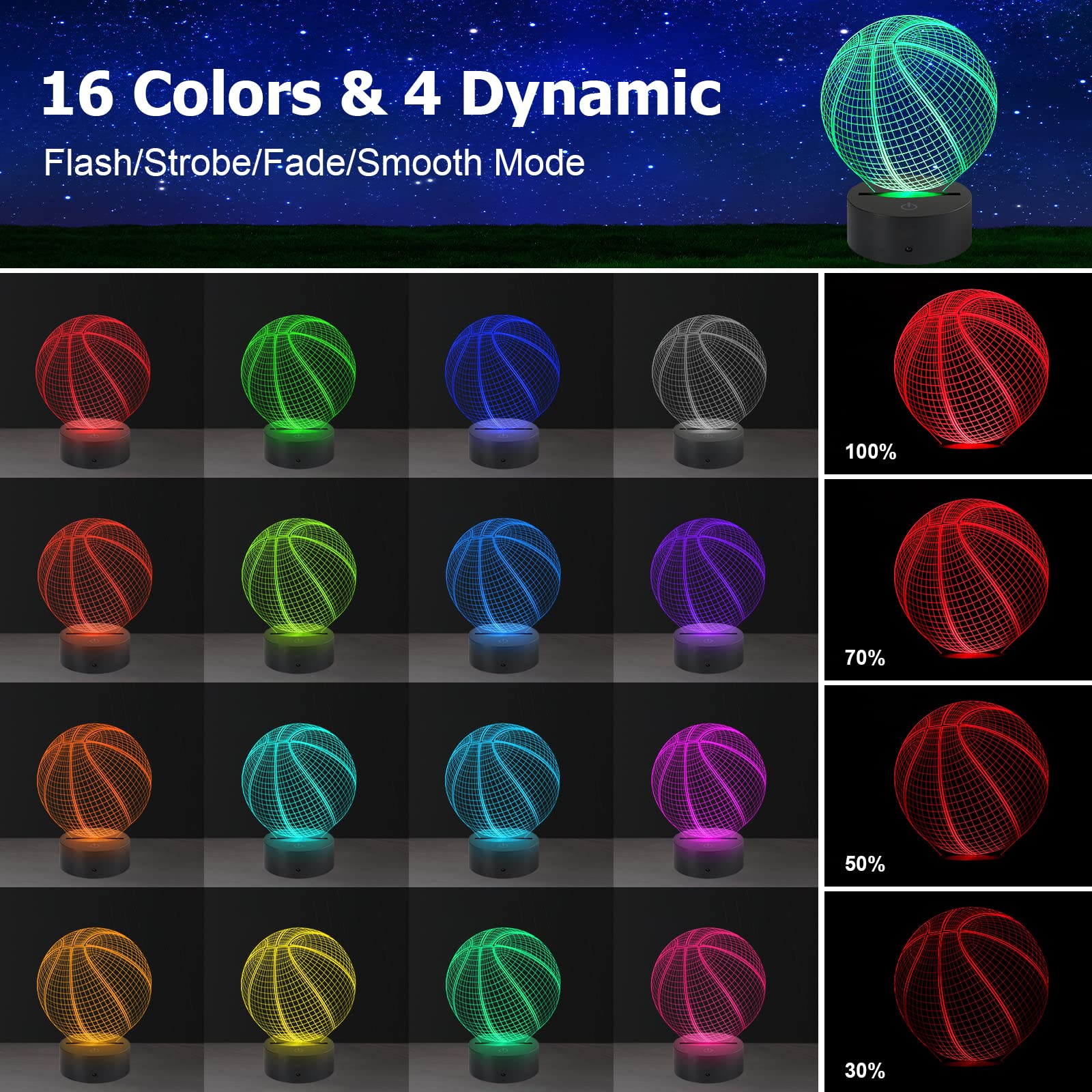 AZIMOM 3D Illusion Basketball Lamp, Multicolor, Smart Touch Sensor, Remote Control, Home Decoration for Kids, Model 1