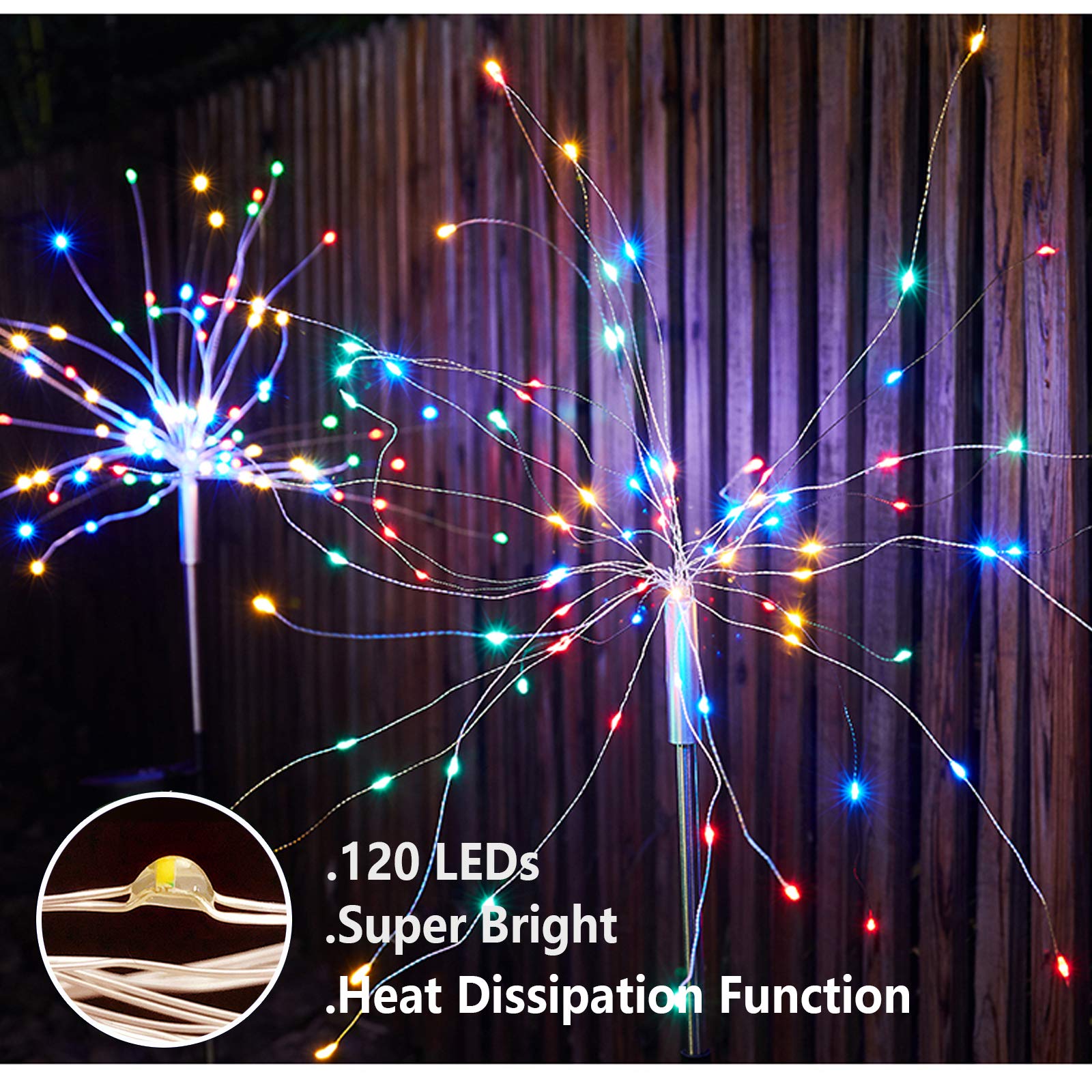 4 Pcs Solar Firework Light, Outdoor Solar Garden Decorative Lights 120 Led Powered 40 Copper Wires String Diy Landscape Light For Walkway Pathway Backyard Christmas Decoration Parties (Colorful)
