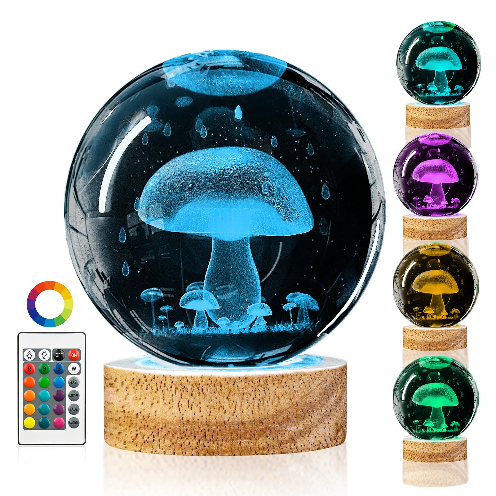 Dcoriuntg 3D Crystal Ball Night Light With Remote - Upgraded 3.15 In Mushroom Glass Ball Lamp With 16 Color Wooden Led Base Cute Room Table Lamp Decor Gifts For Kids  Teens  Women