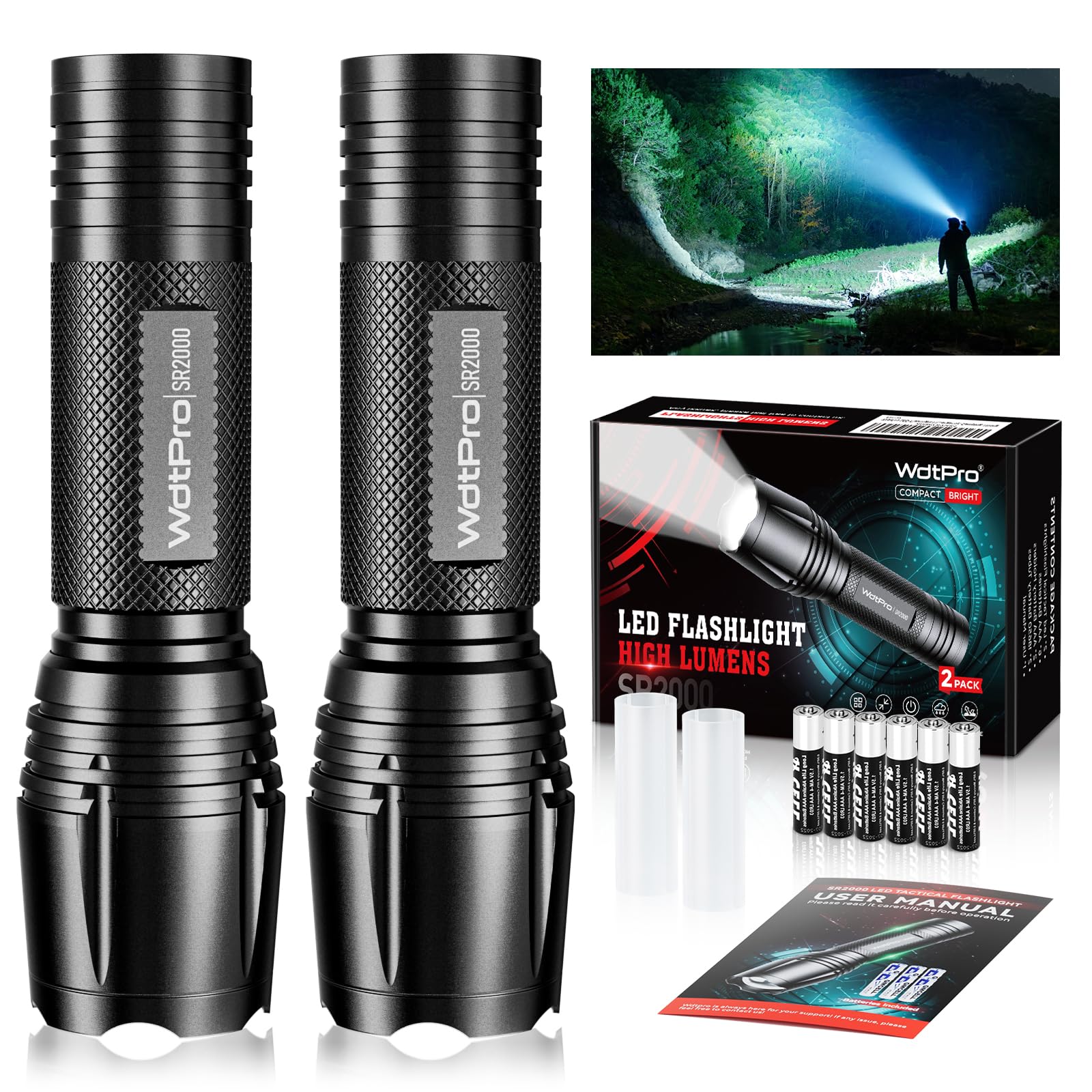 WdtPro LED Flashlight SR2000 Pro, 5 Modes, Zoomable, Aluminum, 2 Pack, Black