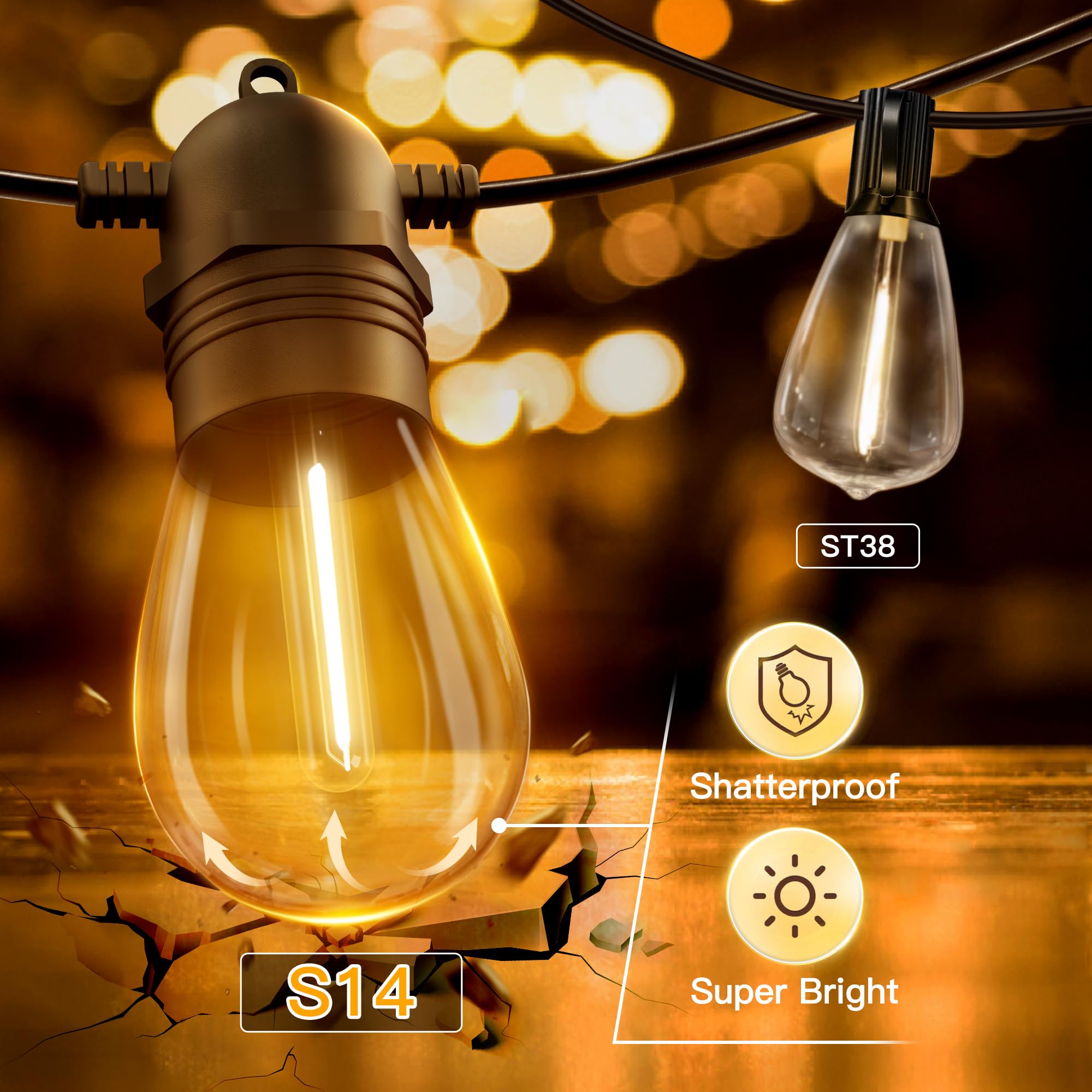 Ollny Outdoor String Lights, Waterproof Patio Lights, 25FT, Warm White, 9+1 Shatterproof S14 Bulbs, Model ASS14-02509-C