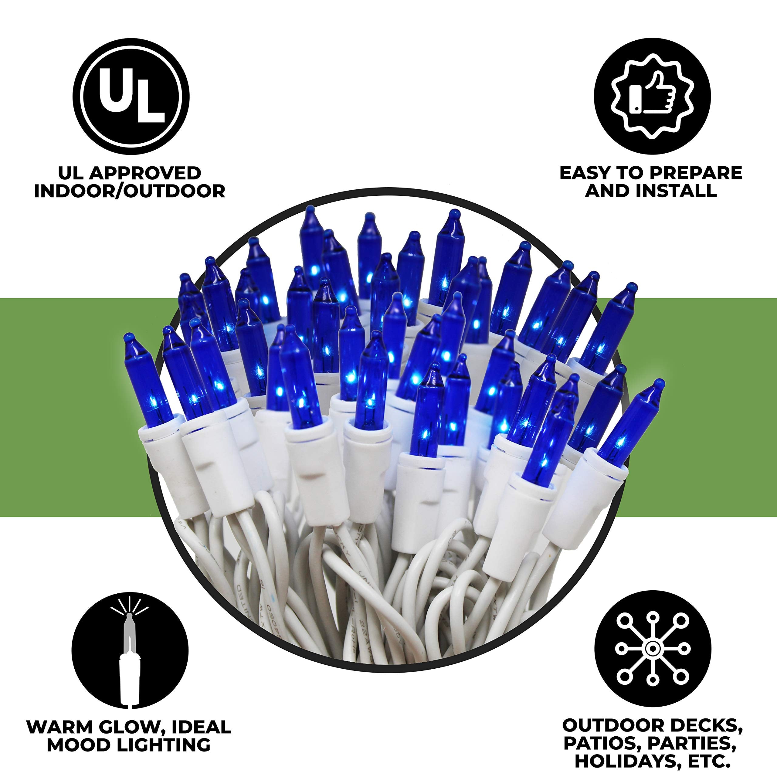 612 Vermont Blue Christmas Lights, 18’ Lighted Length, 20’ Total Length, UL Approved, Indoor/Outdoor Use, Model LHS100-2(0.34)-LHM