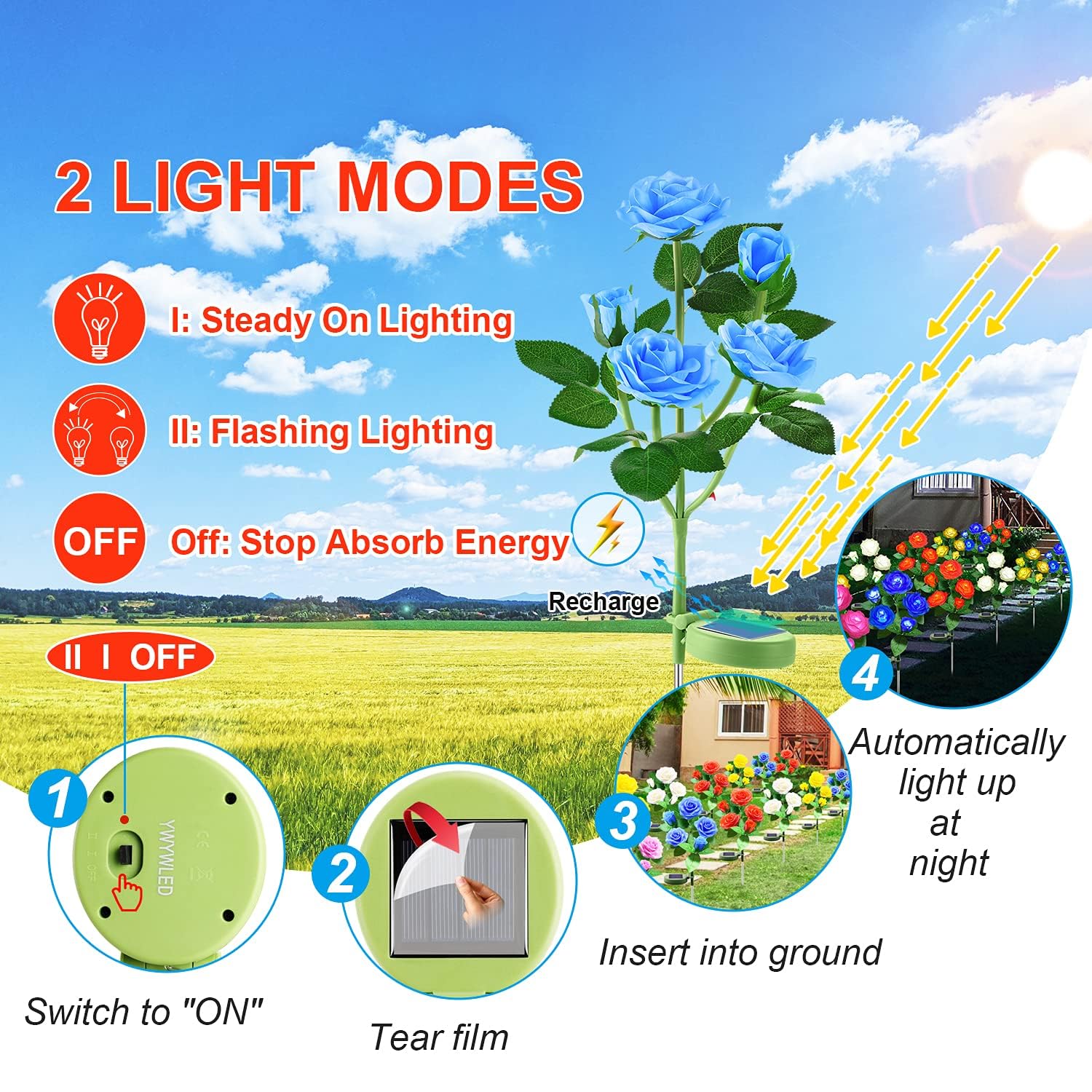 YWYWLED Solar Flower Lights - Waterproof LED Stake Lights, 4 Pack, Multicolor, New Material, Model 2023-5-12